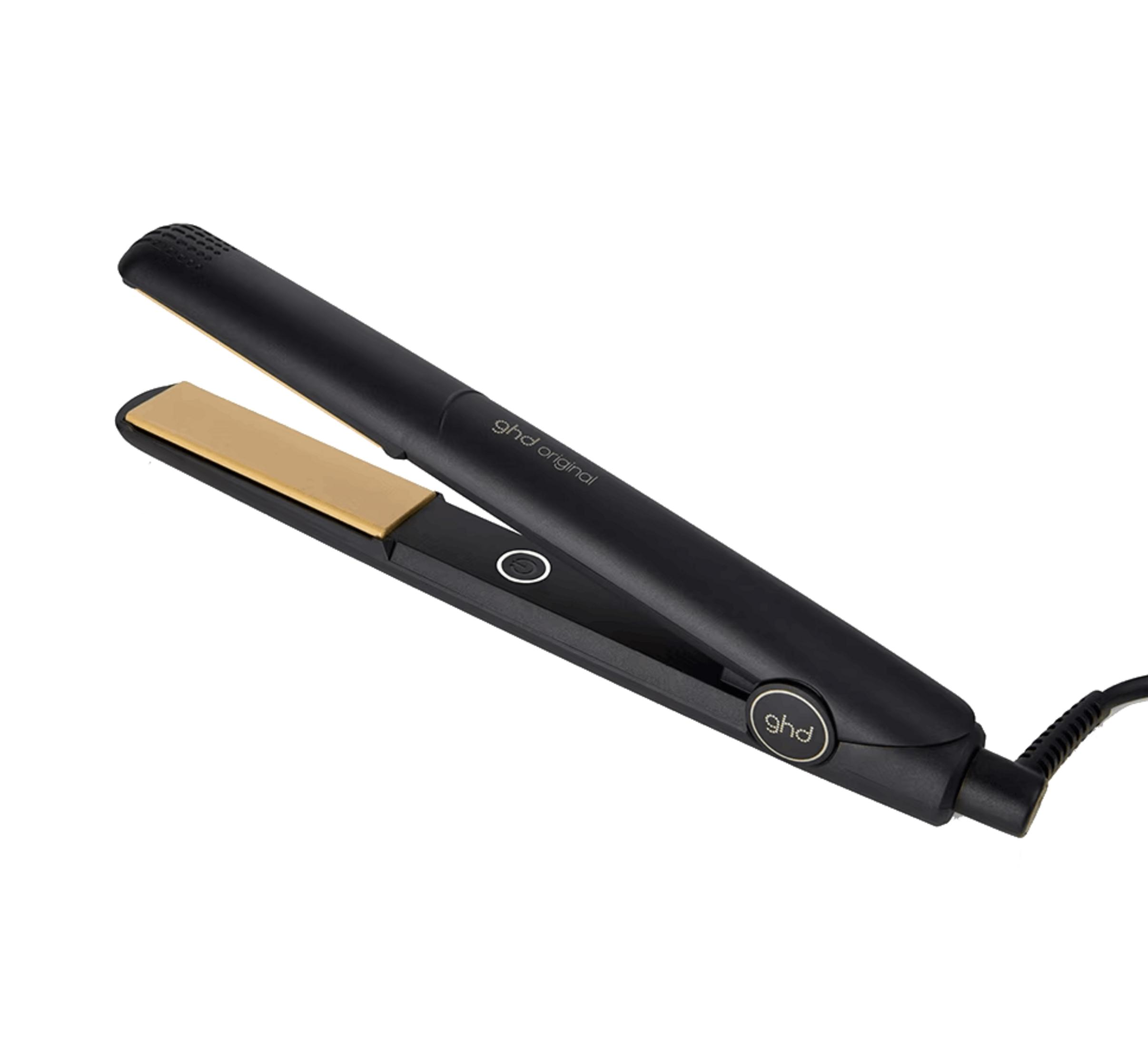 Schwarzer GHD Glätteisen mit goldenen Platten und "ghd original" Schriftzug.