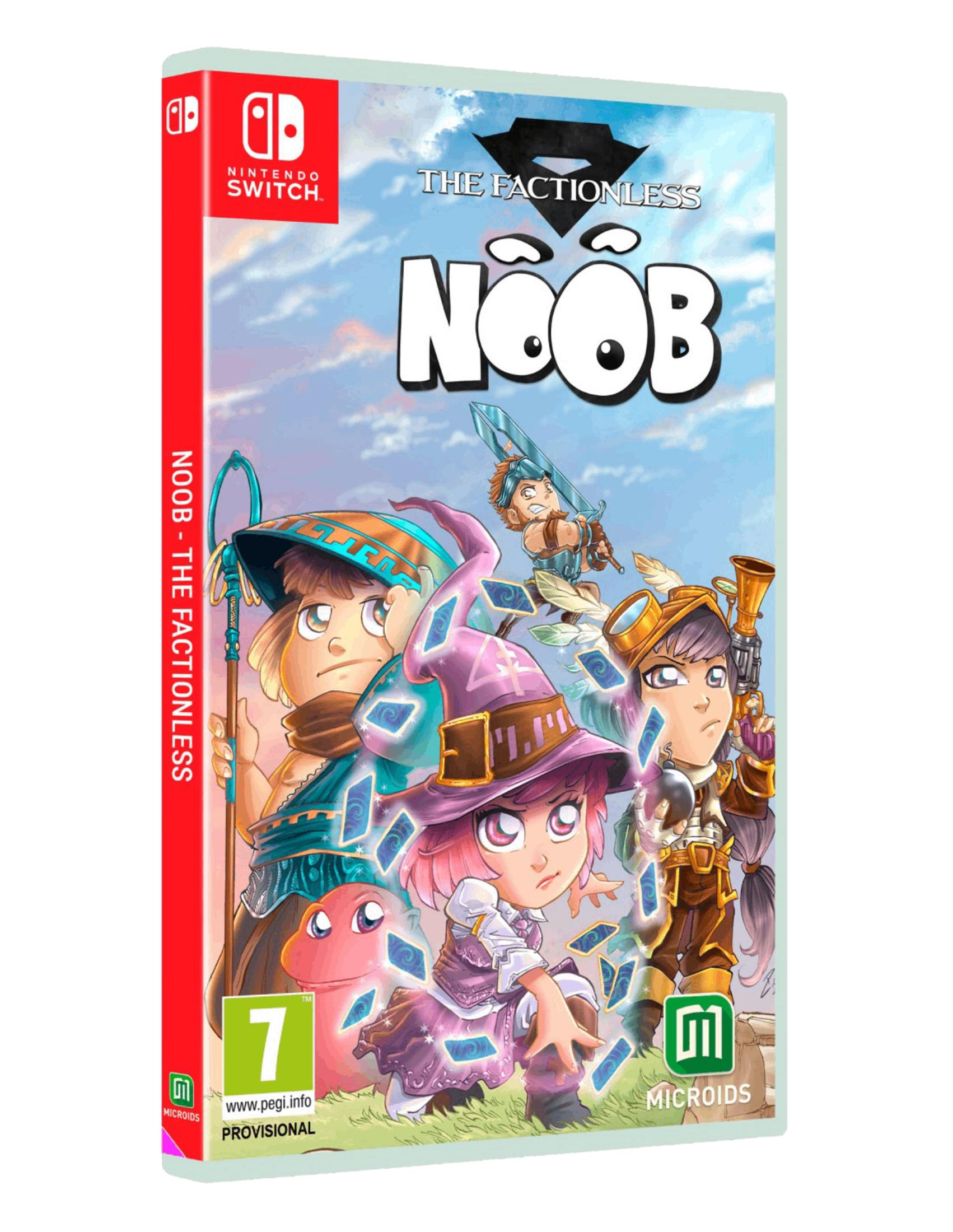 Copertina del gioco Nintendo Switch "Noob - The Factionless" con personaggi e carte.