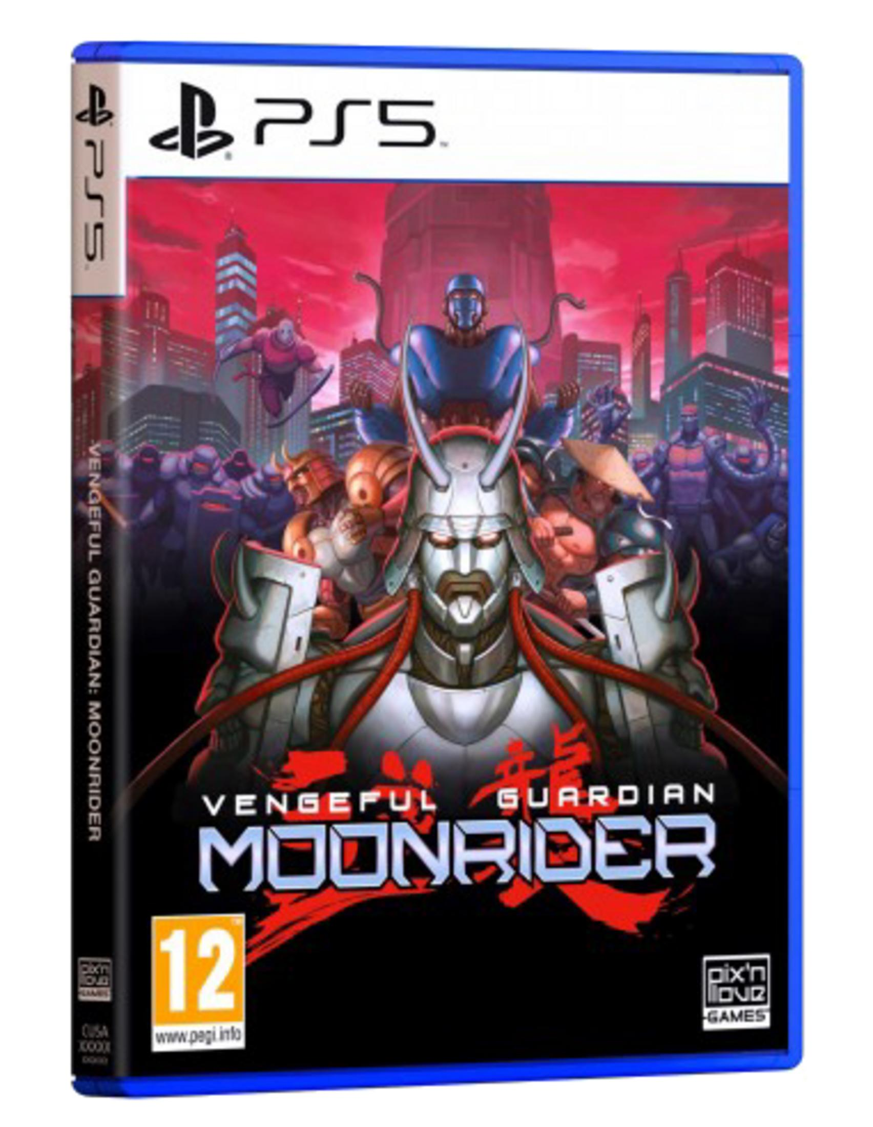 Copertina gioco PS5: Vengeful Guardian Moonrider con samurai, robot e skyline.