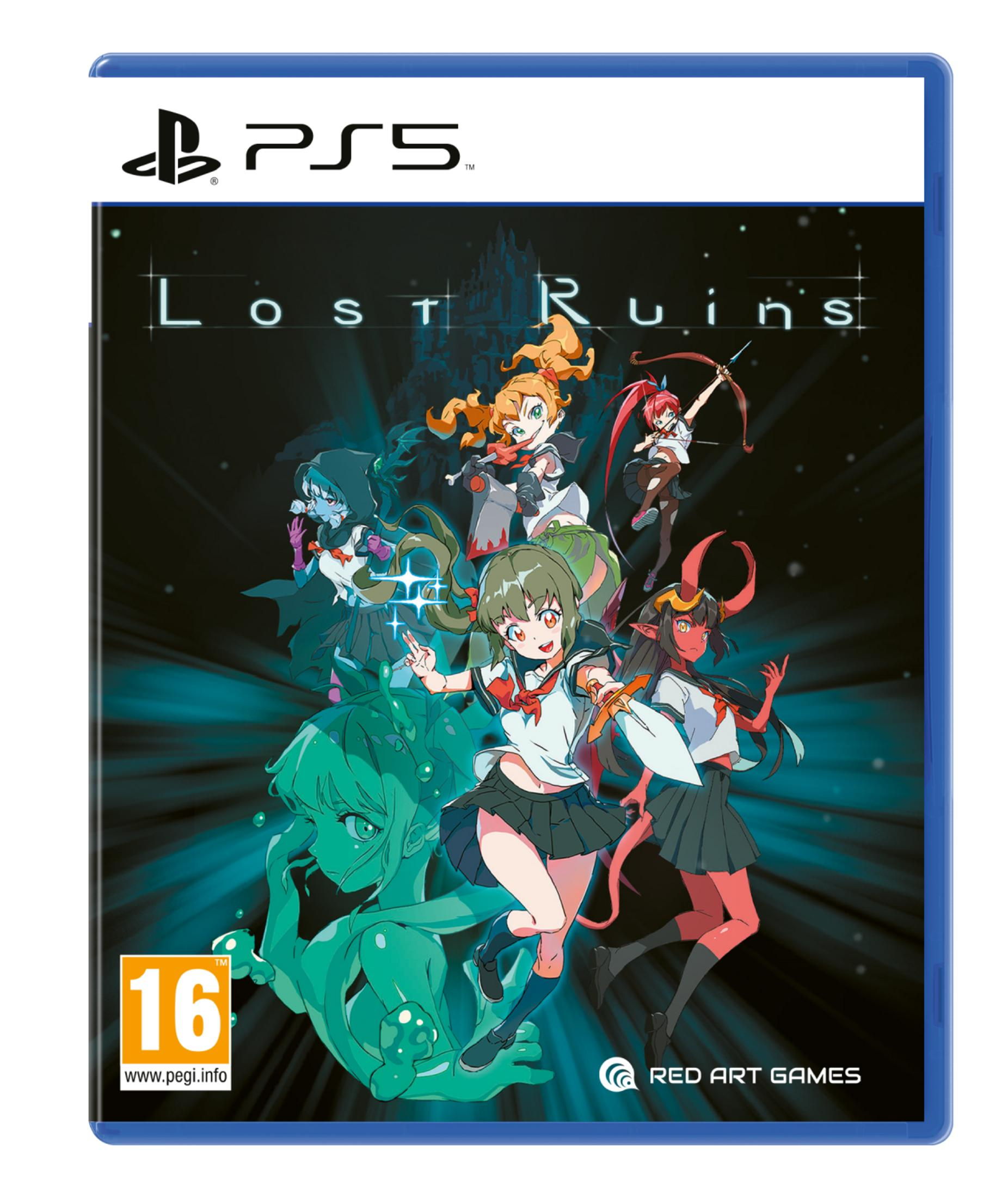 Copertina gioco PS5 con personaggi anime, un castello e il titolo 'Lost Ruins'.