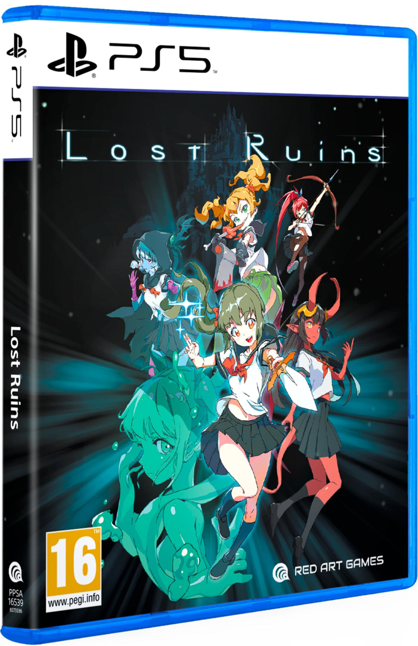 Gioco PS5 "Lost Ruins" con personaggi anime e logo PEGI 16.