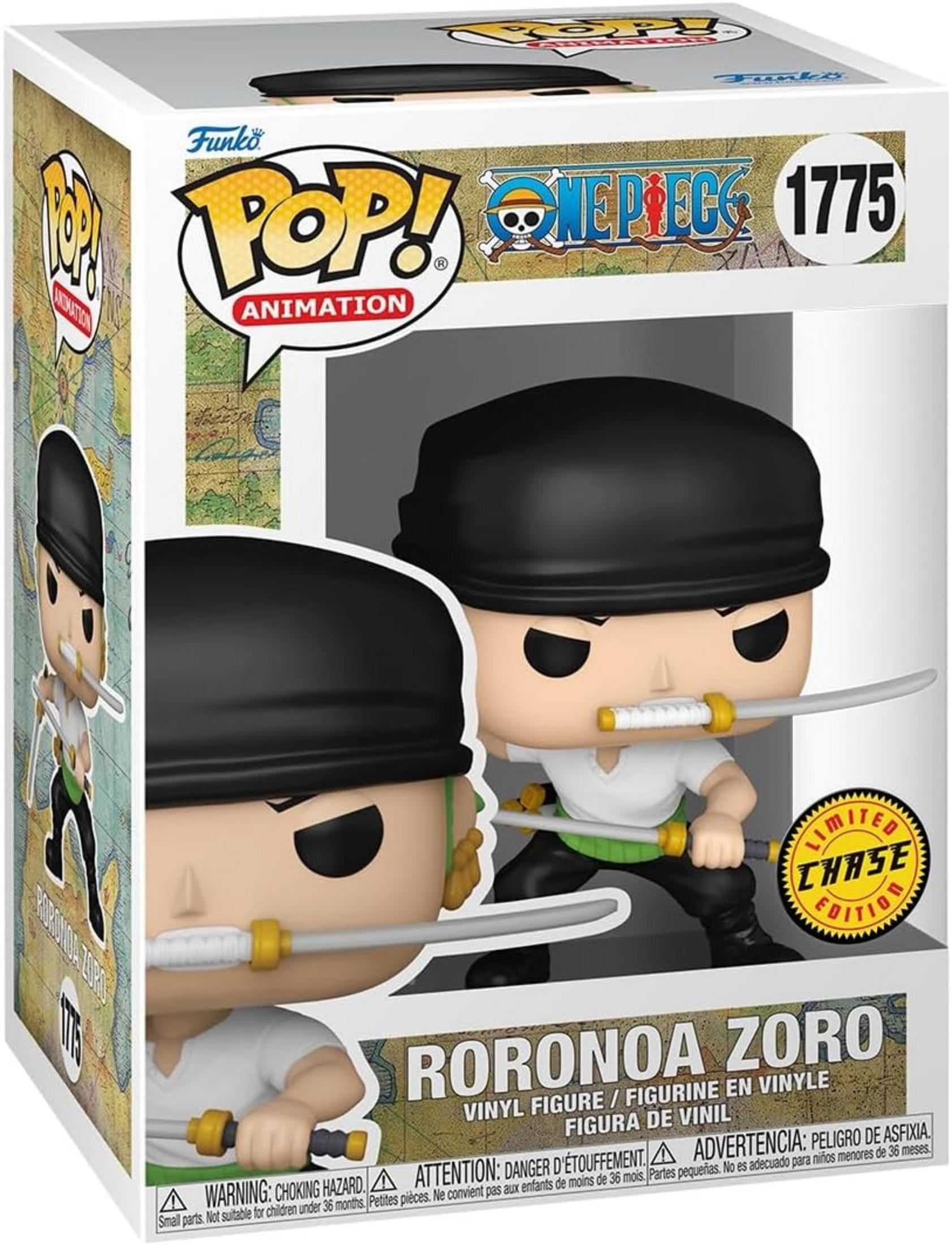 Action figure in vinile Funko Pop! Roronoa Zoro con tre spade, sulla parte anteriore della scatola.