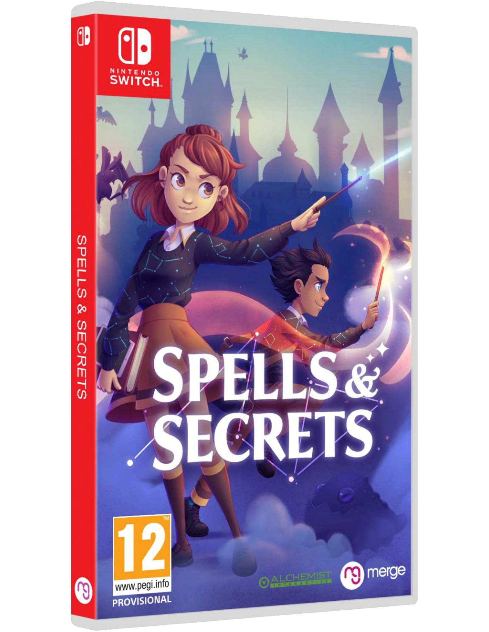 Confezione gioco Nintendo Switch Spells & Secrets. Due giovani maghi lanciano incantesimi.