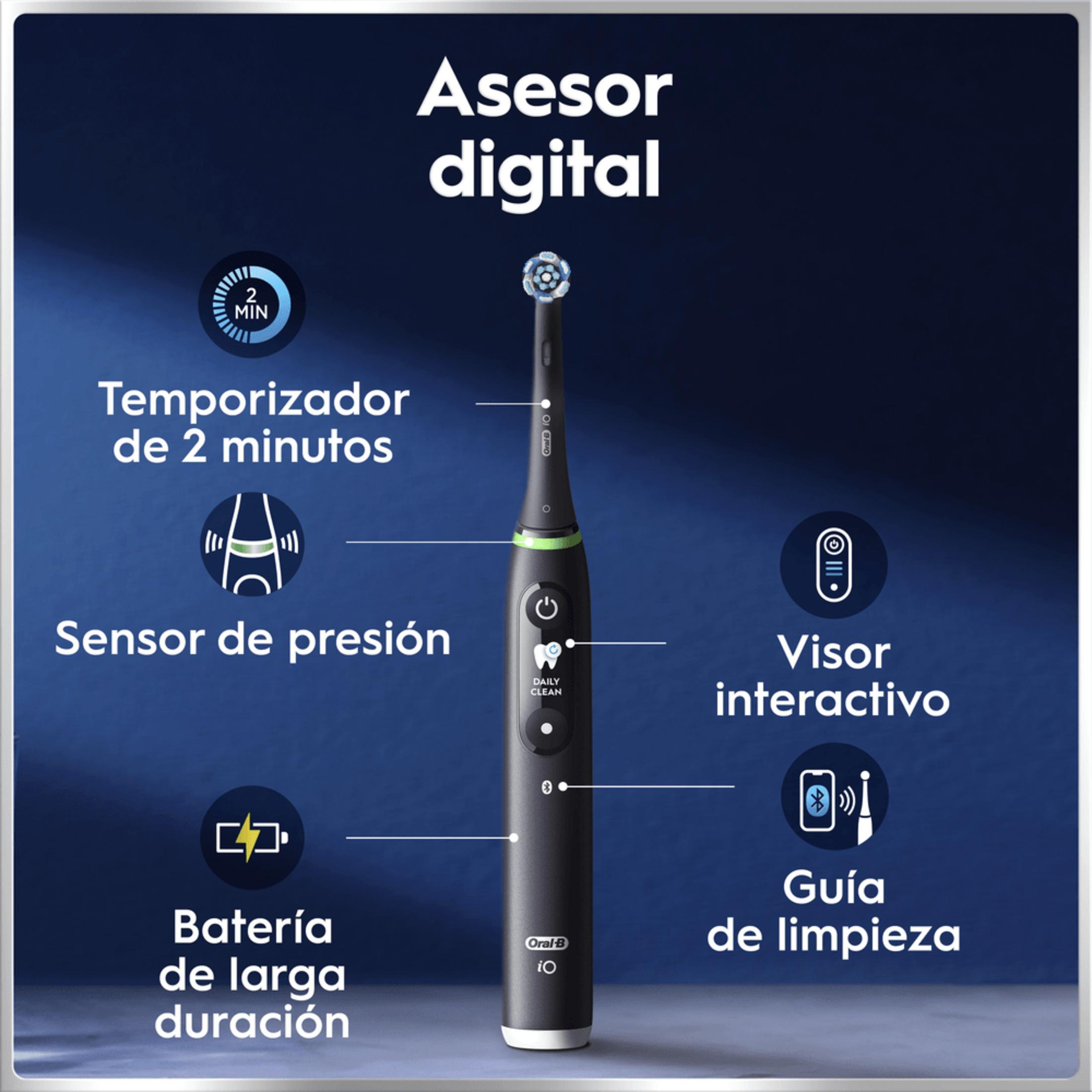 Black electric toothbrush with digital features: timer, pressure sensor, and display.