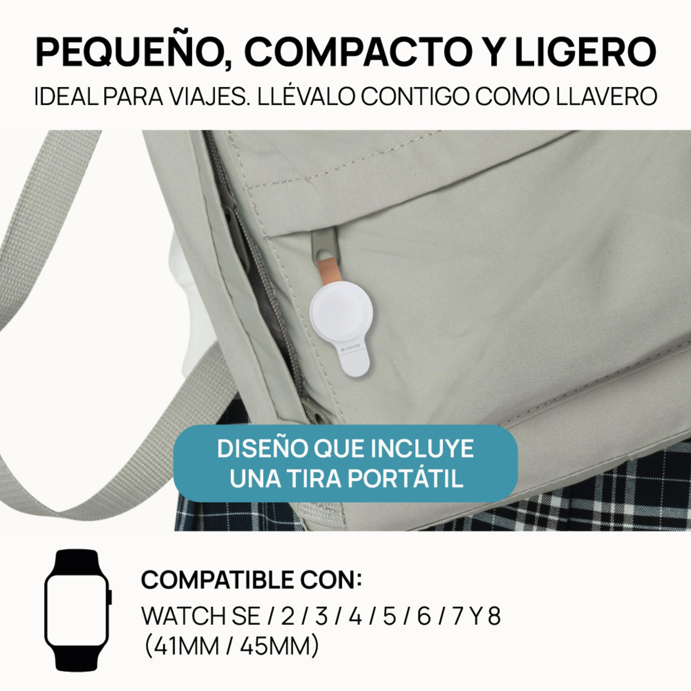 Pequeño rastreador blanco con cordón sujeto a una mochila. Compatible con Apple Watch.
