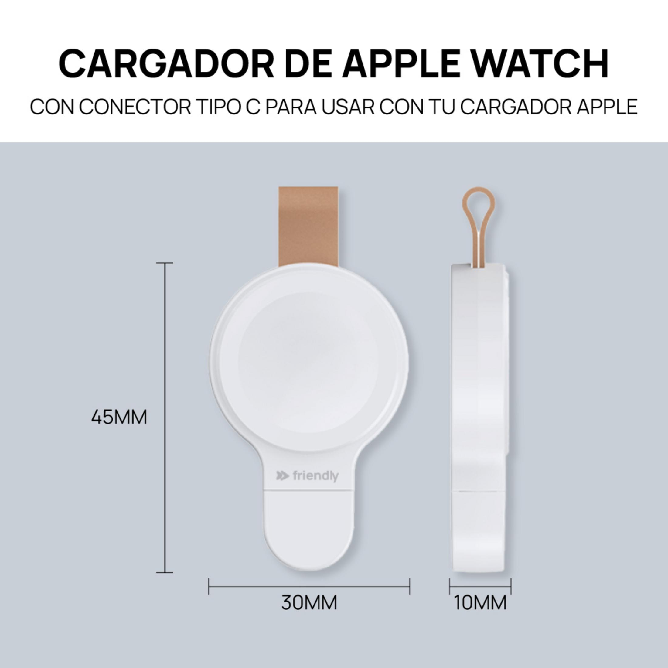 Cargadores blancos de Apple Watch, uno redondo, uno rectangular, con medidas.