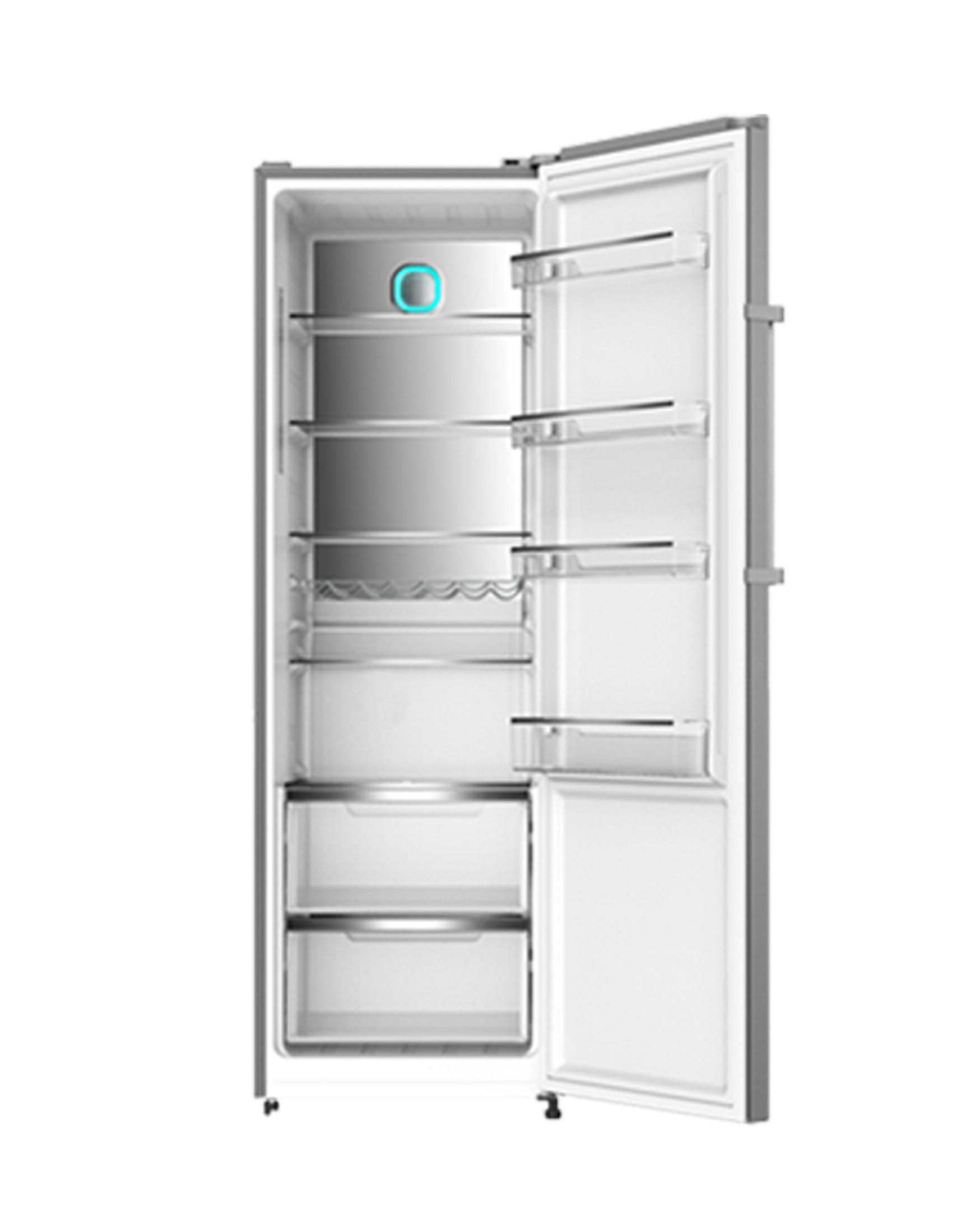 Un refrigerador vacío con la puerta abierta, mostrando estantes y dos cajones.