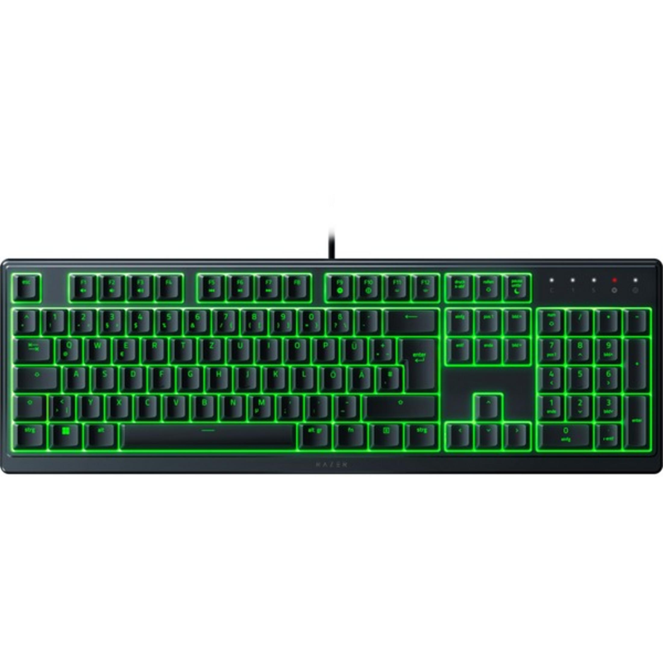Una tastiera nera con retroilluminazione verde sui tasti.