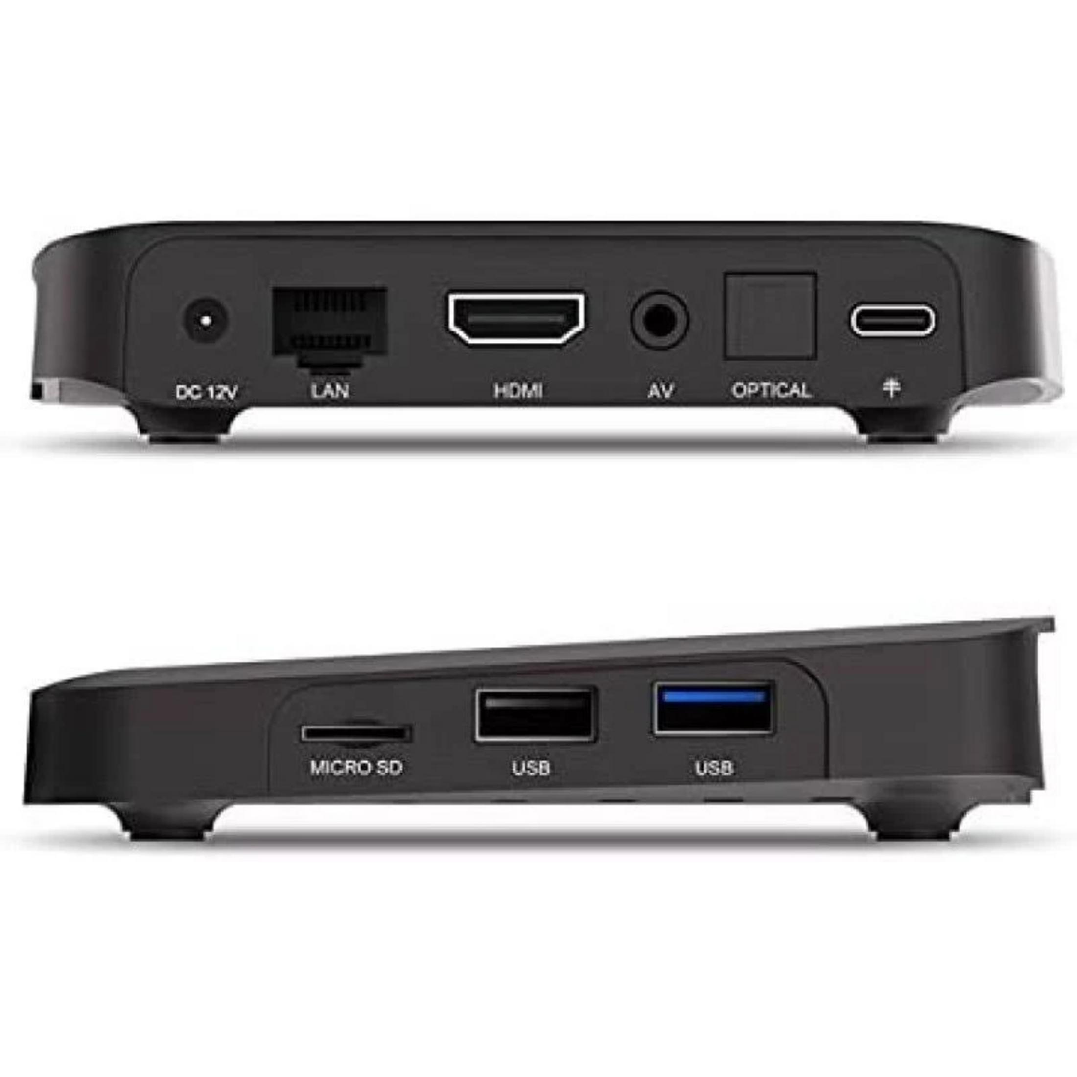 Parte trasera de un reproductor multimedia negro con puertos: DC 12V, LAN, HDMI, AV, OPTICAL, USB, Micro SD.