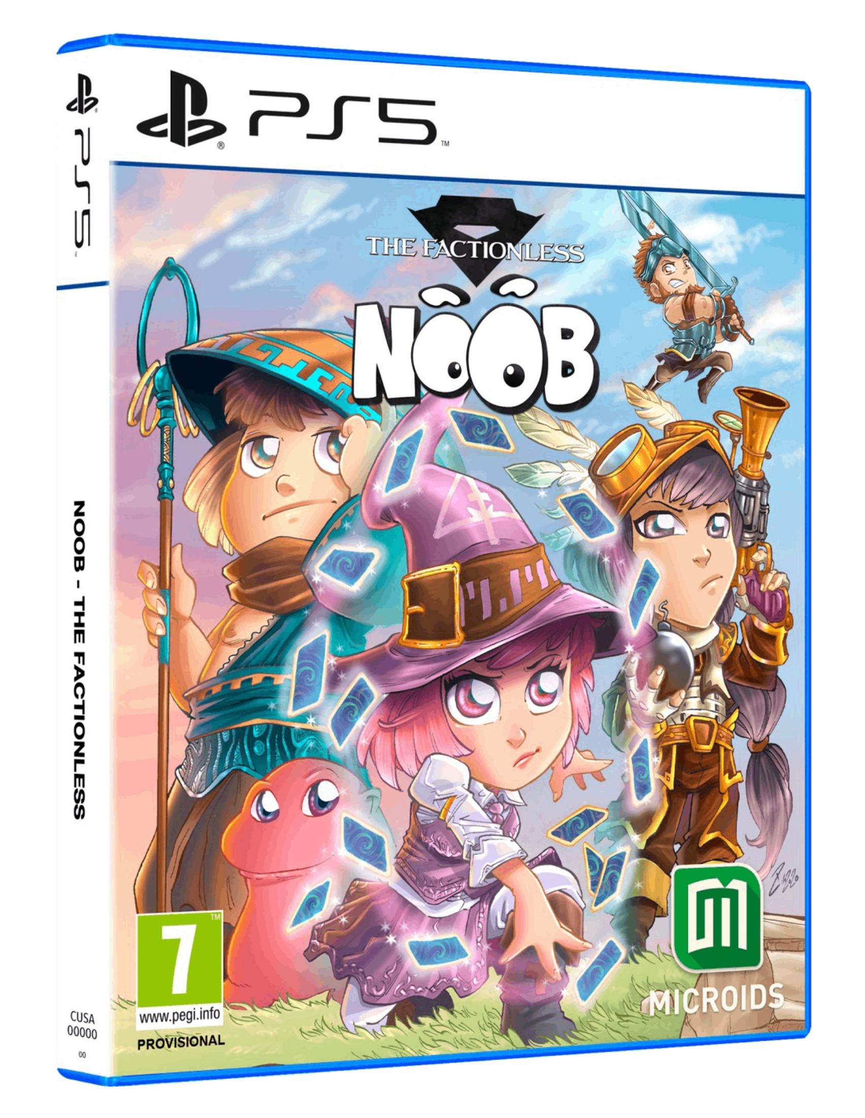 Copertina del gioco PS5 "Noob - The Factionless" con quattro personaggi e carte magiche.