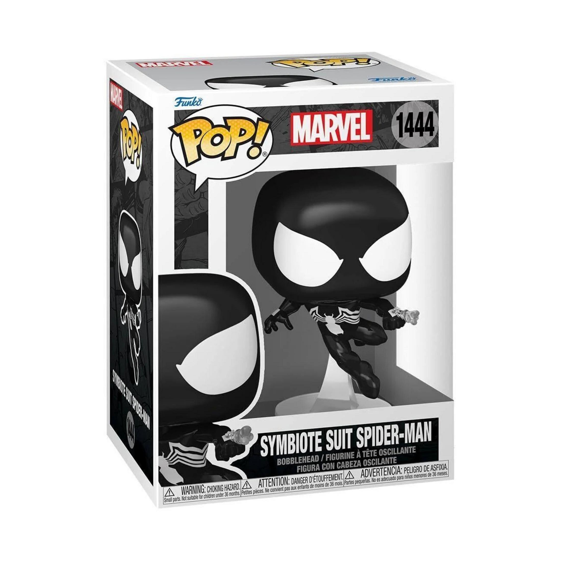 Figura Funko Pop! de Spider-Man con traje simbionte y logo de araña blanco.