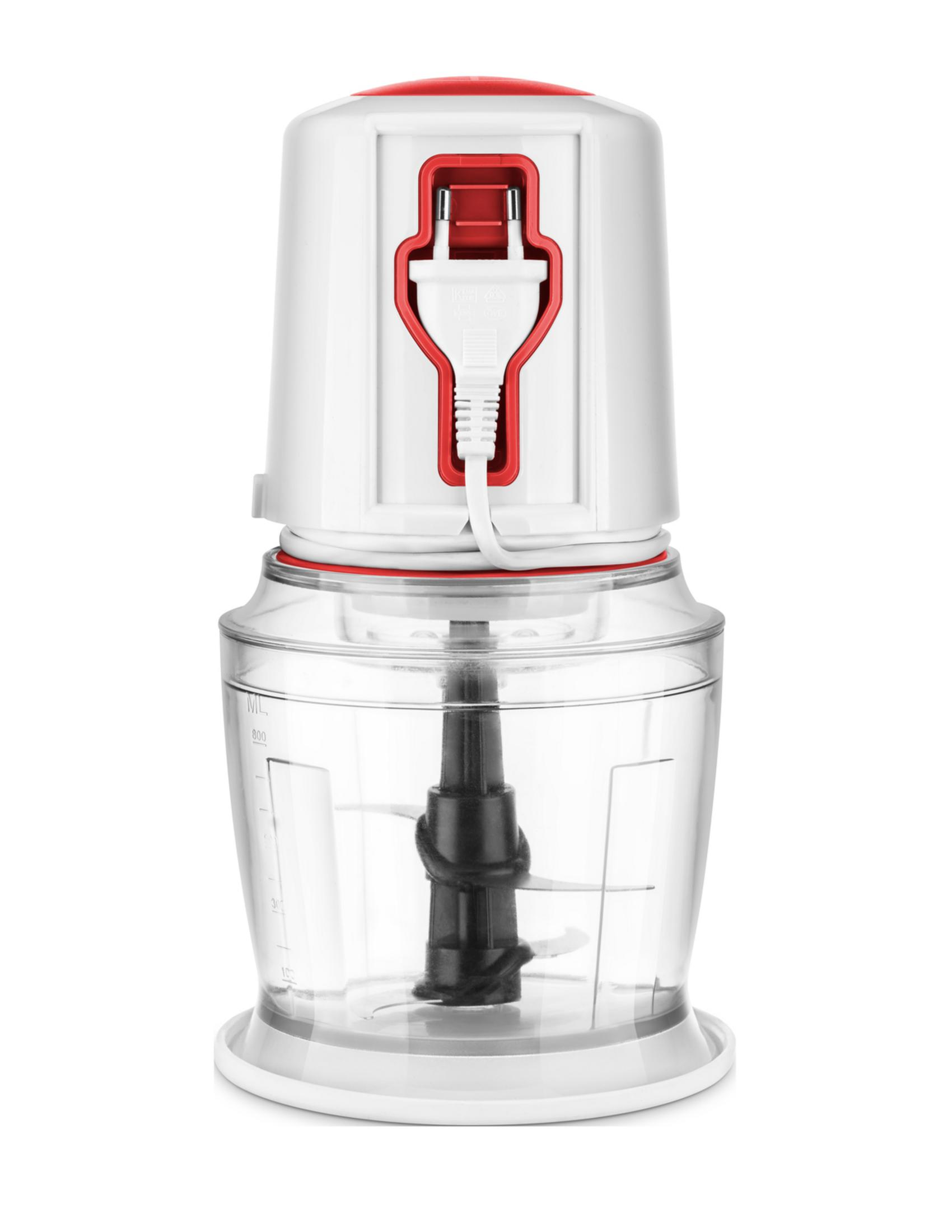 Un picador eléctrico blanco y rojo con cuchillas en un recipiente transparente.