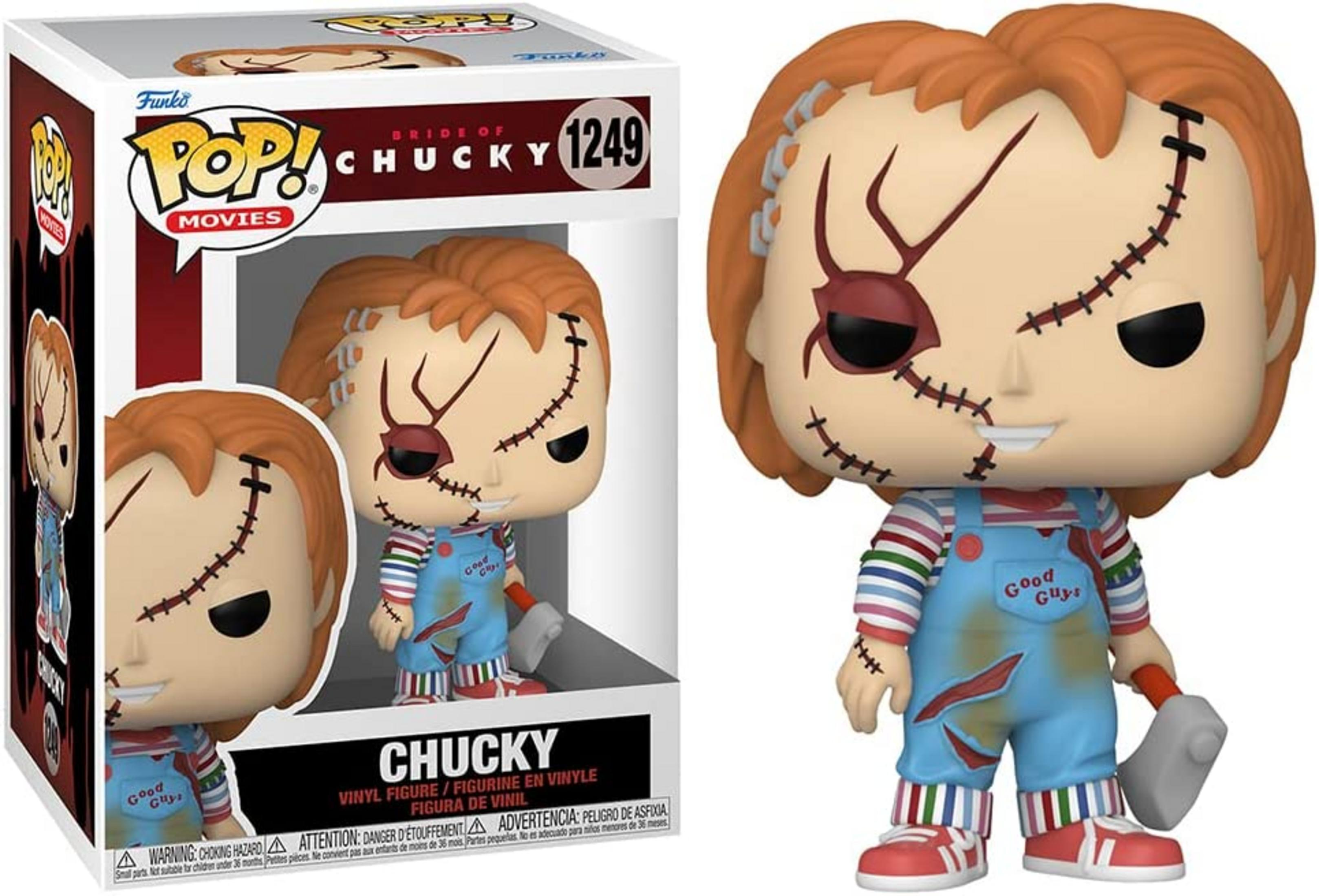 Muñeco Funko Pop Chucky con martillo, overol y camiseta a rayas.