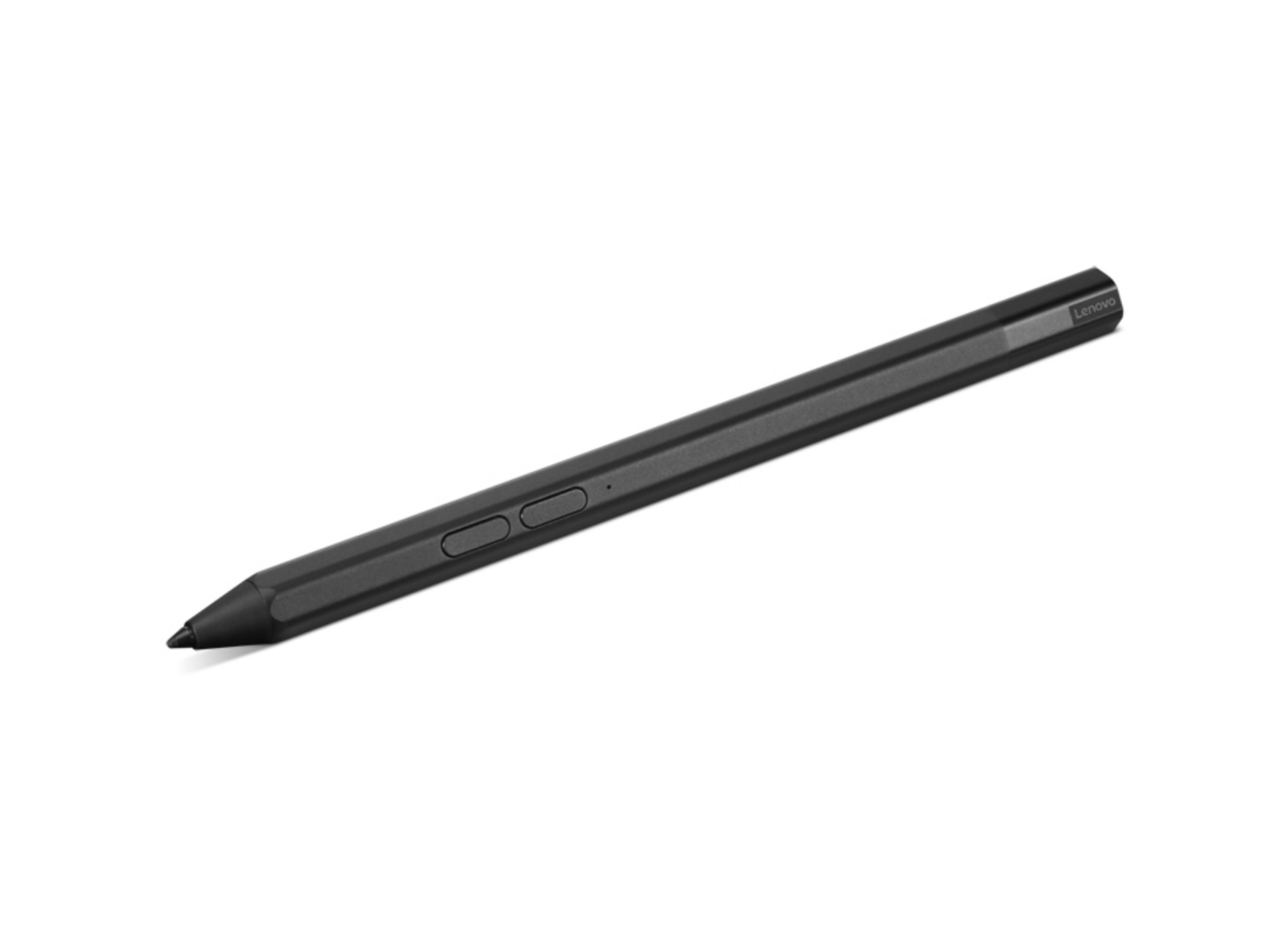Un lápiz óptico Lenovo negro con dos botones, sobre fondo blanco.