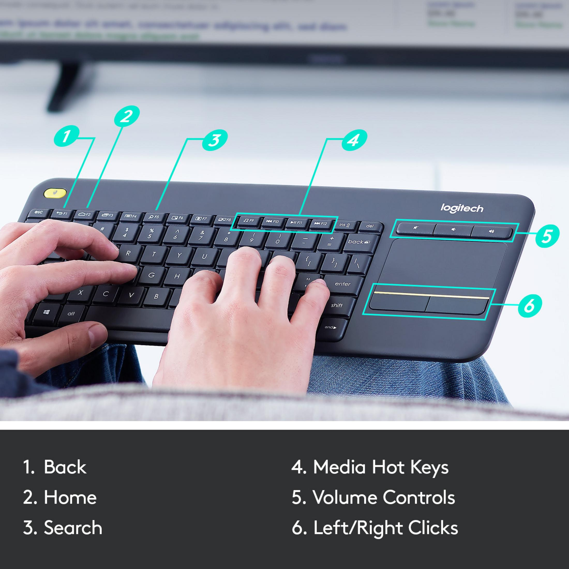 Mani su tastiera Logitech con touchpad. Aree etichettate indicano le funzioni.