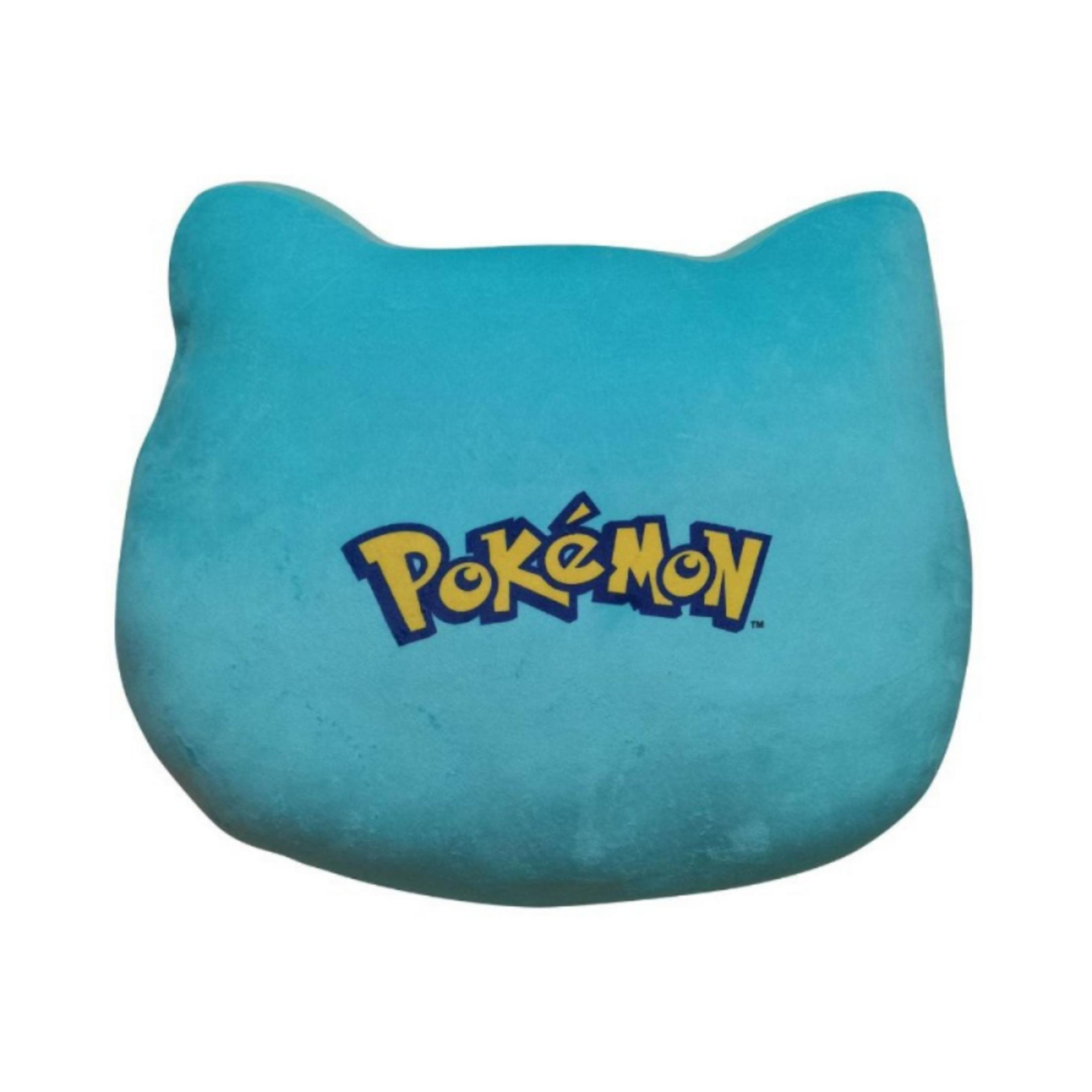 Un peluche Pokémon turquesa con forma de gato y logo amarillo.