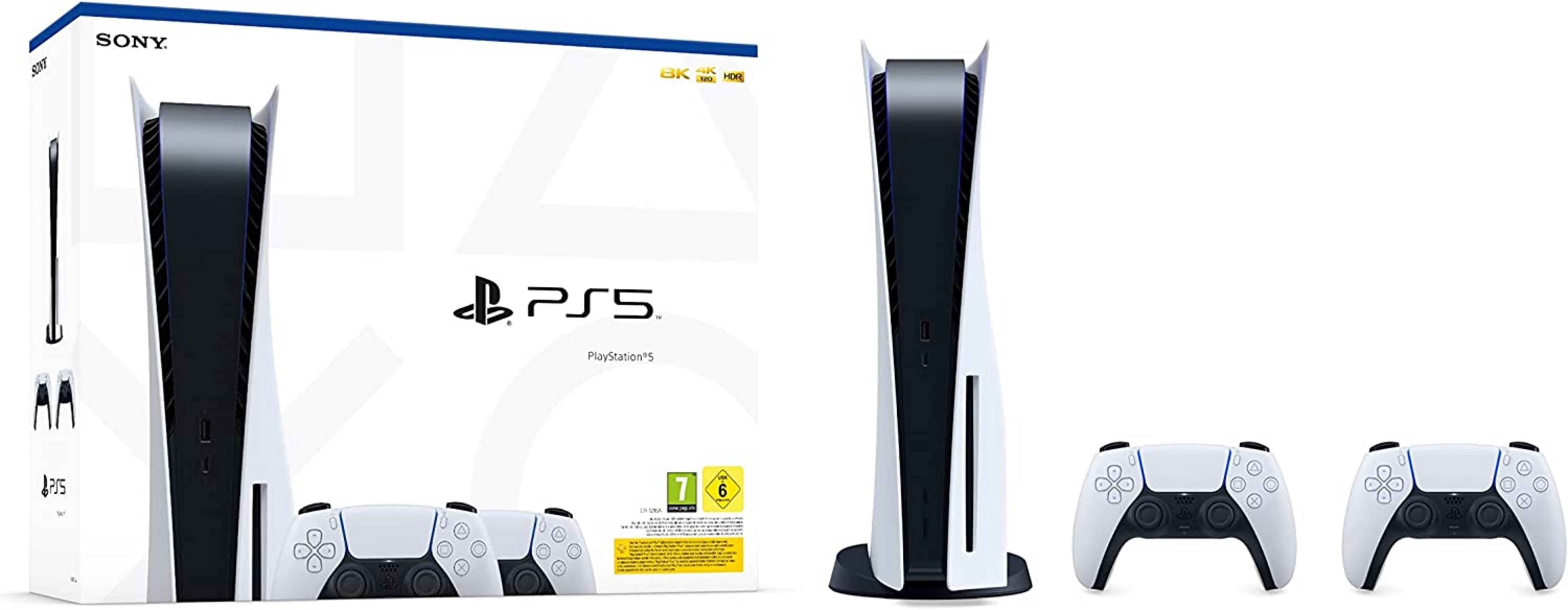 Sony PlayStation 5 Konsole mit zwei Controllern und Verpackung.