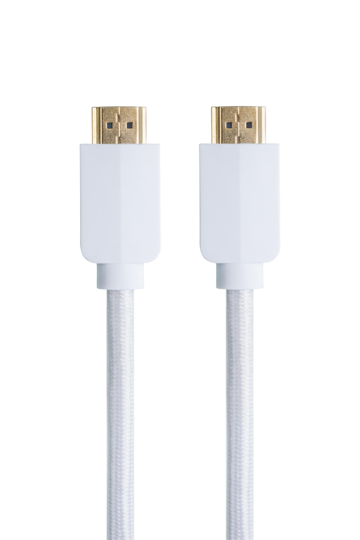 Dos cables HDMI blancos con conectores dorados sobre fondo blanco.