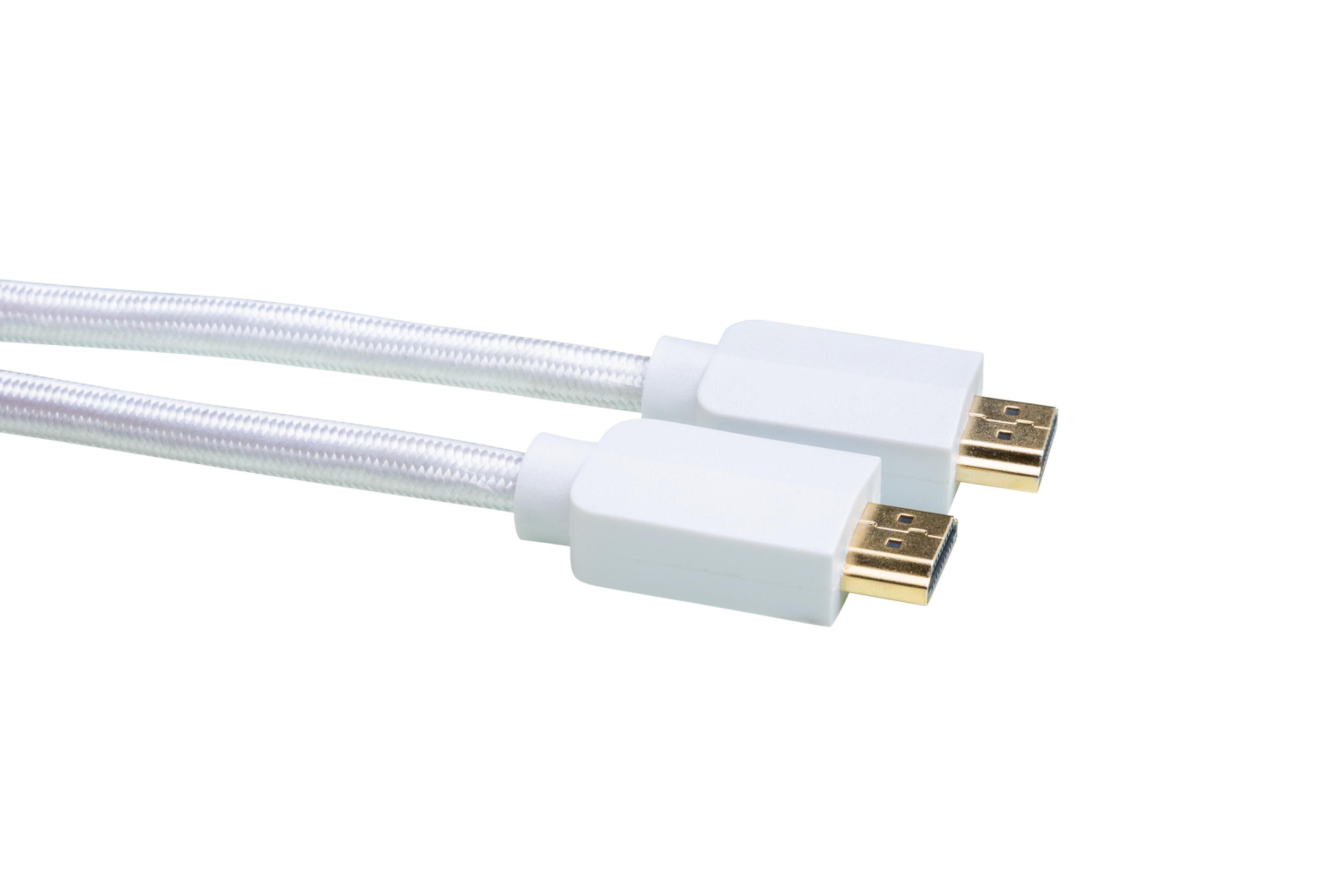 Dos cables HDMI blancos con conectores dorados sobre fondo blanco.