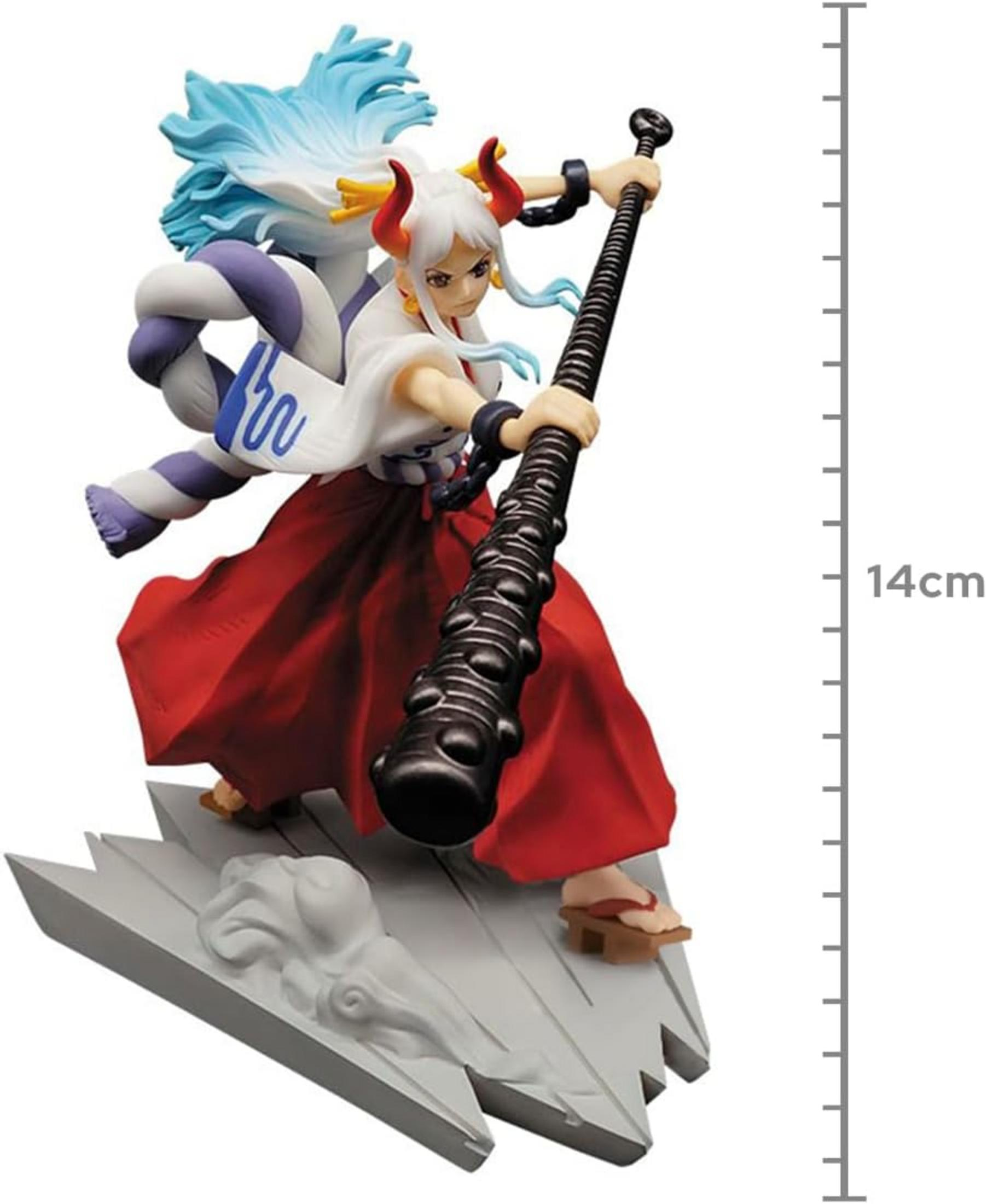Figura con pelo azul, ropa roja y bastón sobre base gris.