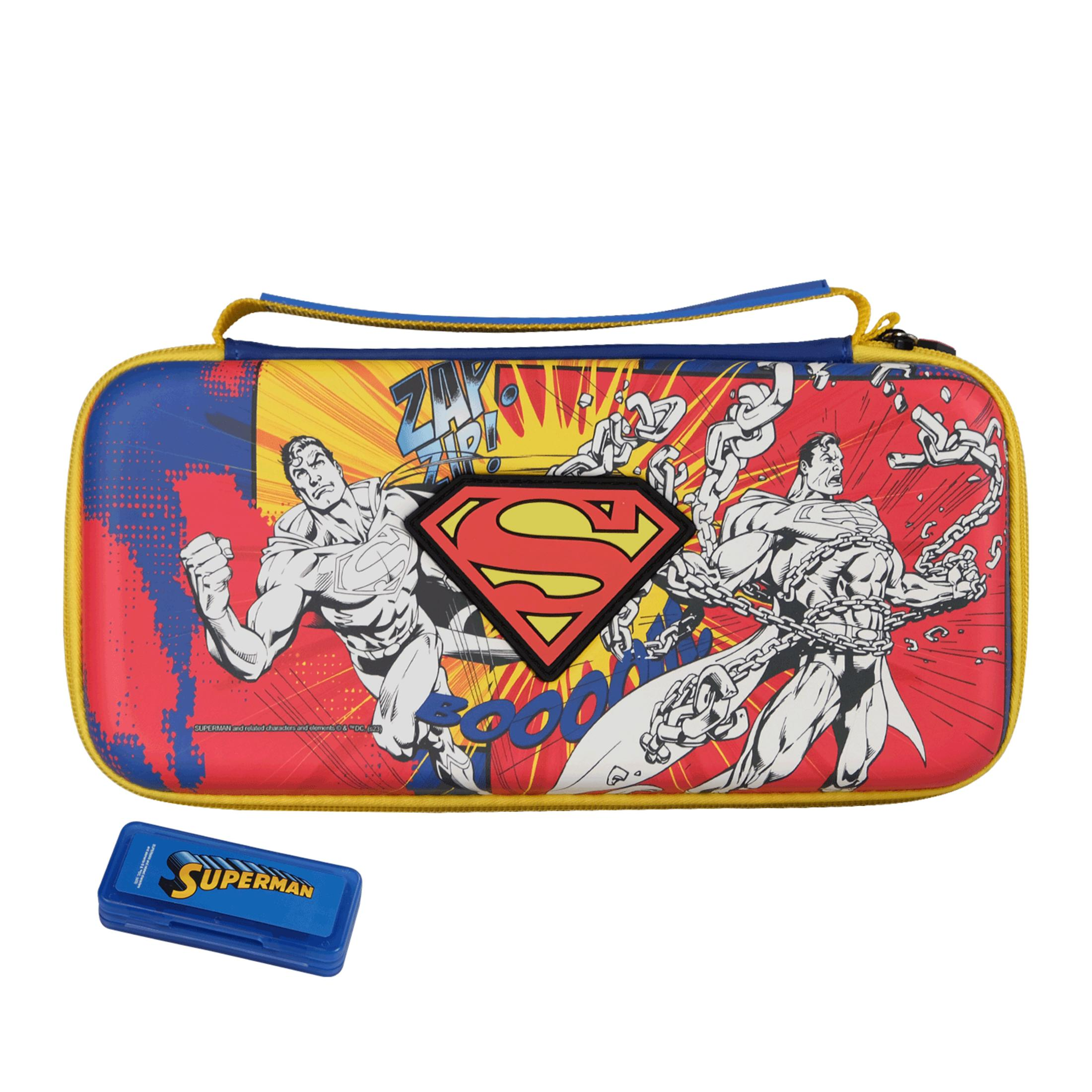 Astuccio Superman con disegno fumetto, due Superman e catene, con piccolo contenitore blu.