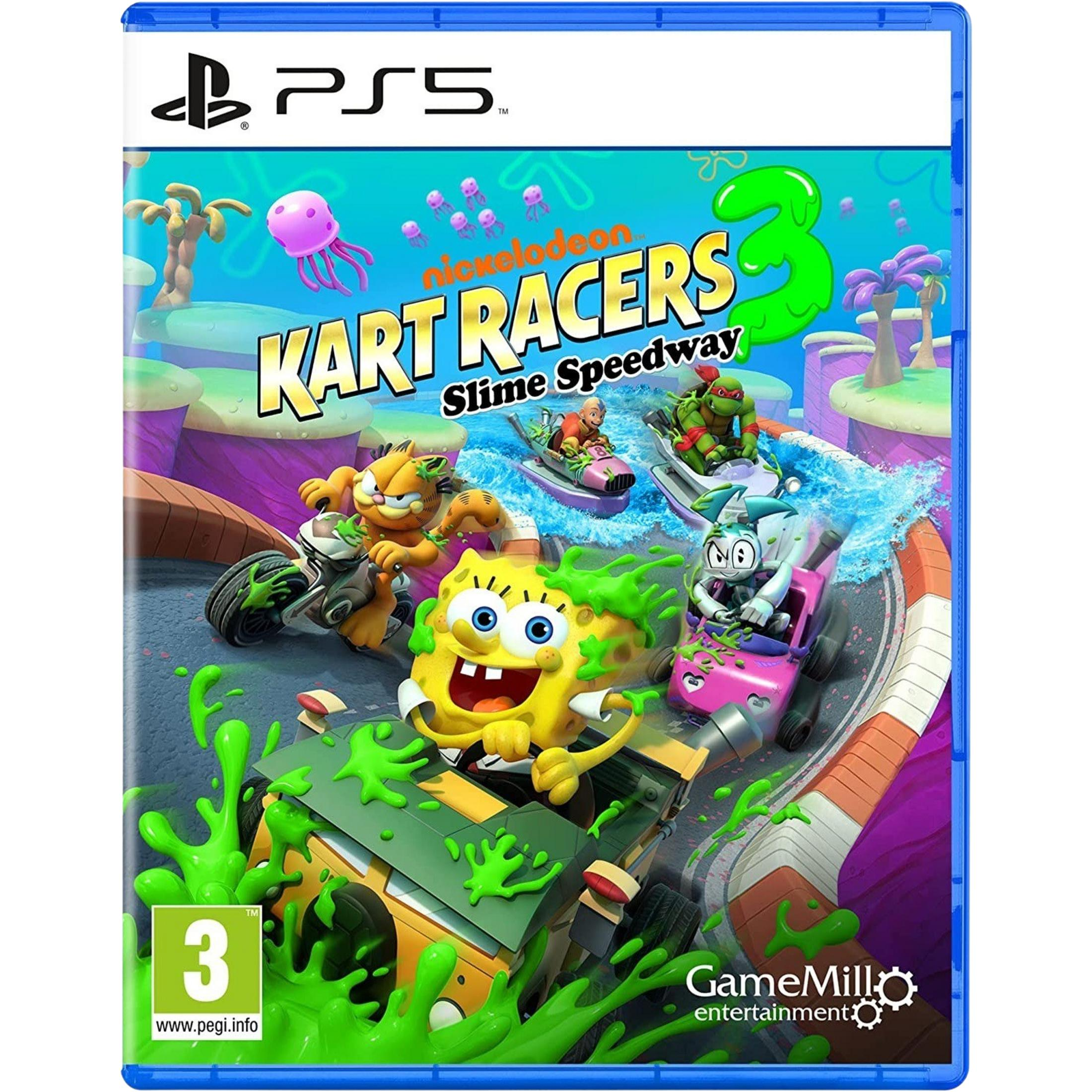 Copertina gioco PS5: Spongebob, Garfield, TMNT e Jenny gareggiano in Nickelodeon Kart Racers 3.