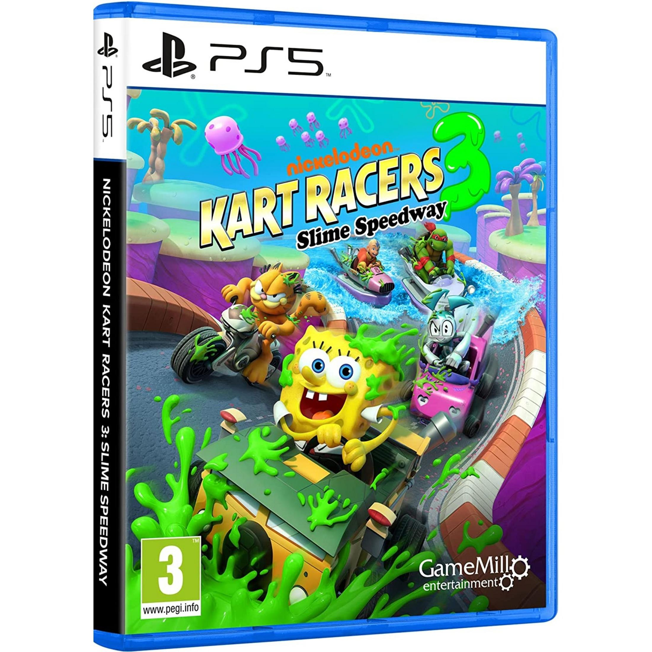 Custodia gioco PS5: Spongebob, Garfield, TMNT gareggiano su go-kart con slime.