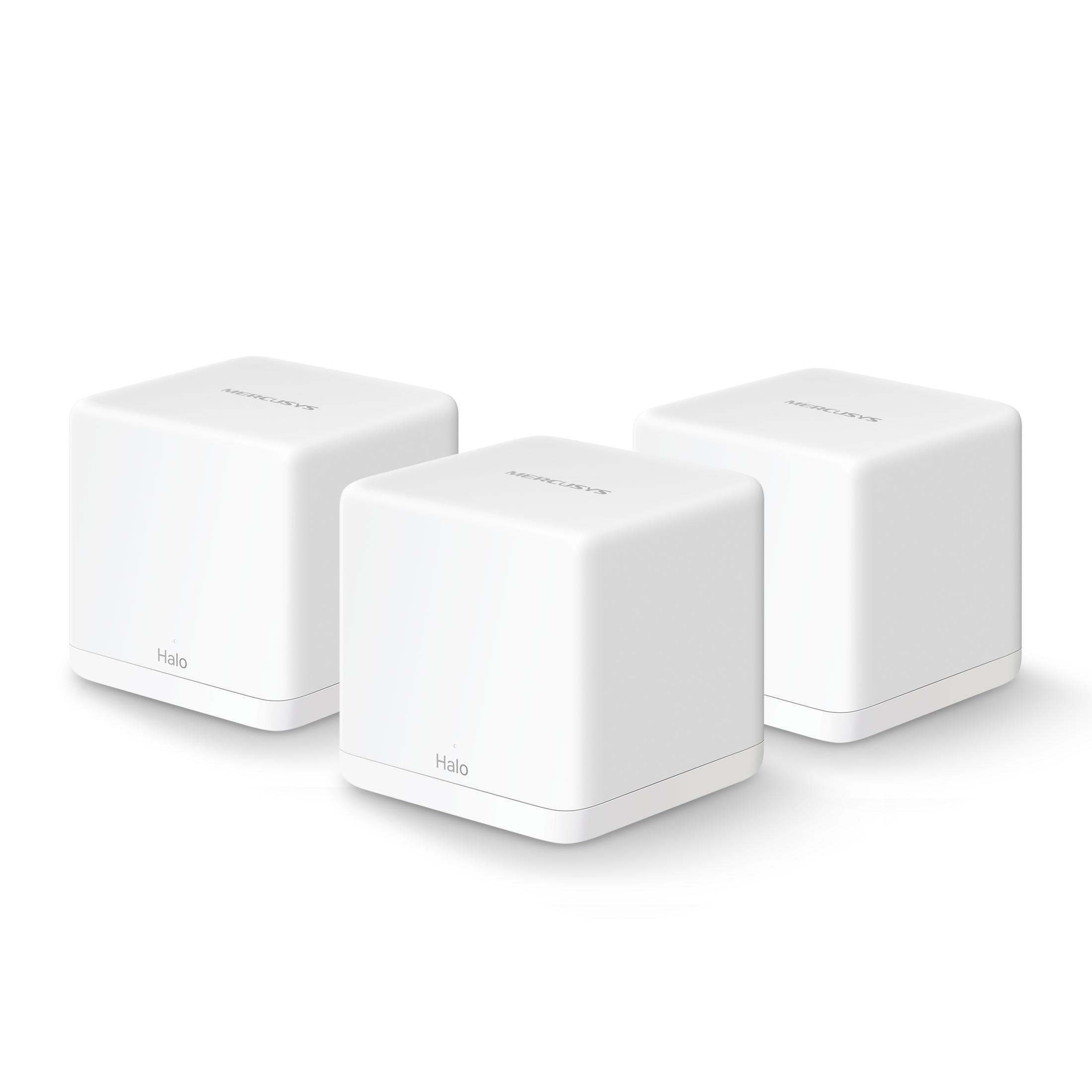 Tres routers MERCUSYS Halo blancos están uno al lado del otro sobre fondo blanco.