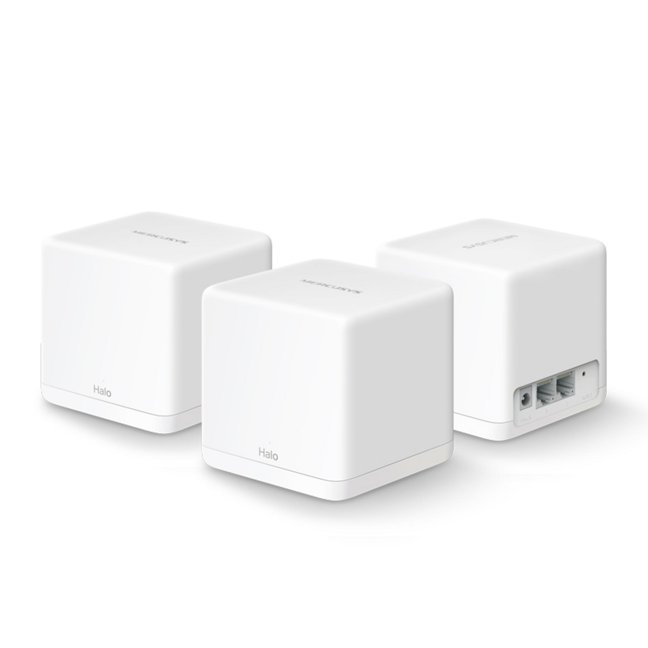 Tres routers de malla cúbicos blancos con puertos en la parte trasera.