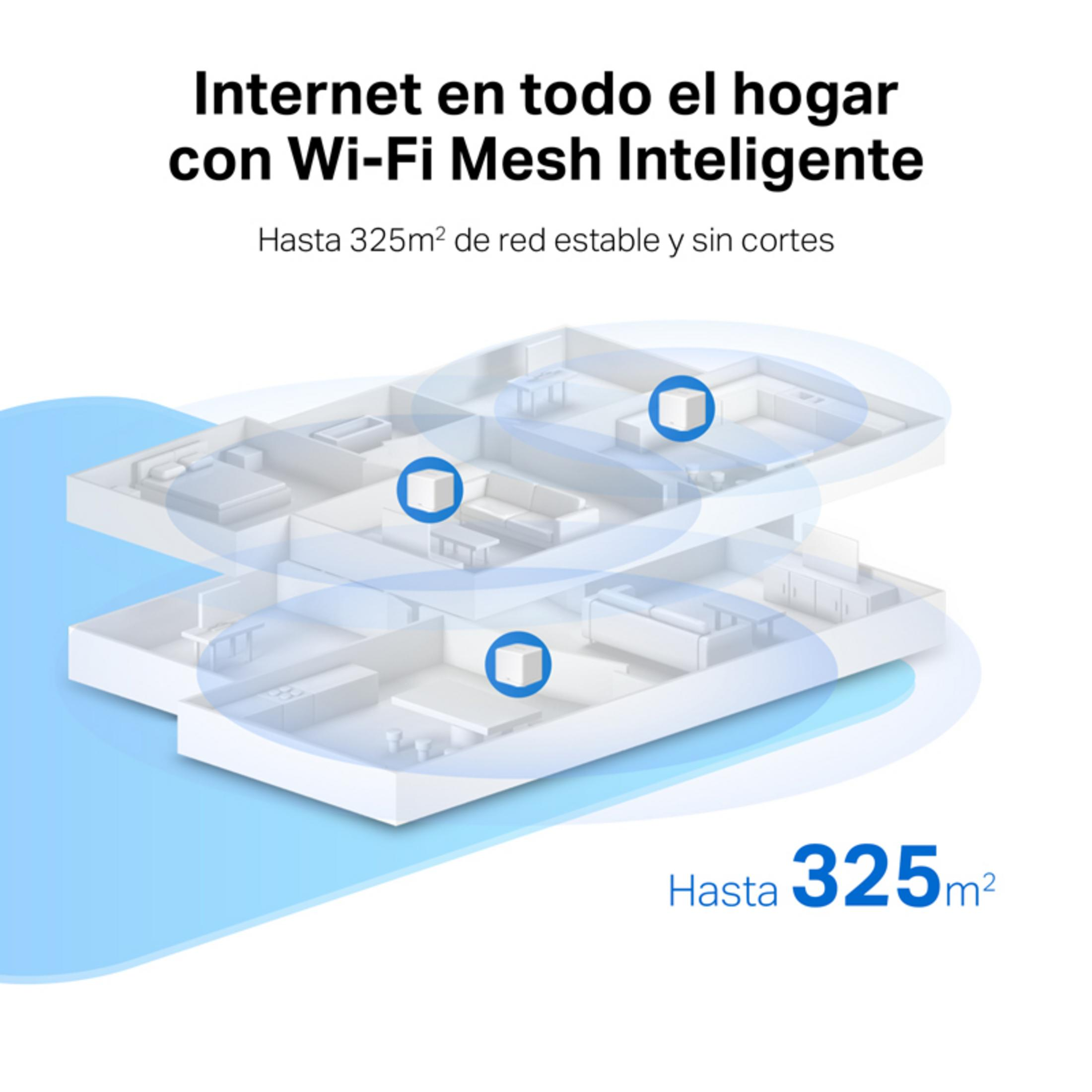 Diseño 3D de casa con routers Wi-Fi Mesh en distintas habitaciones para cobertura.