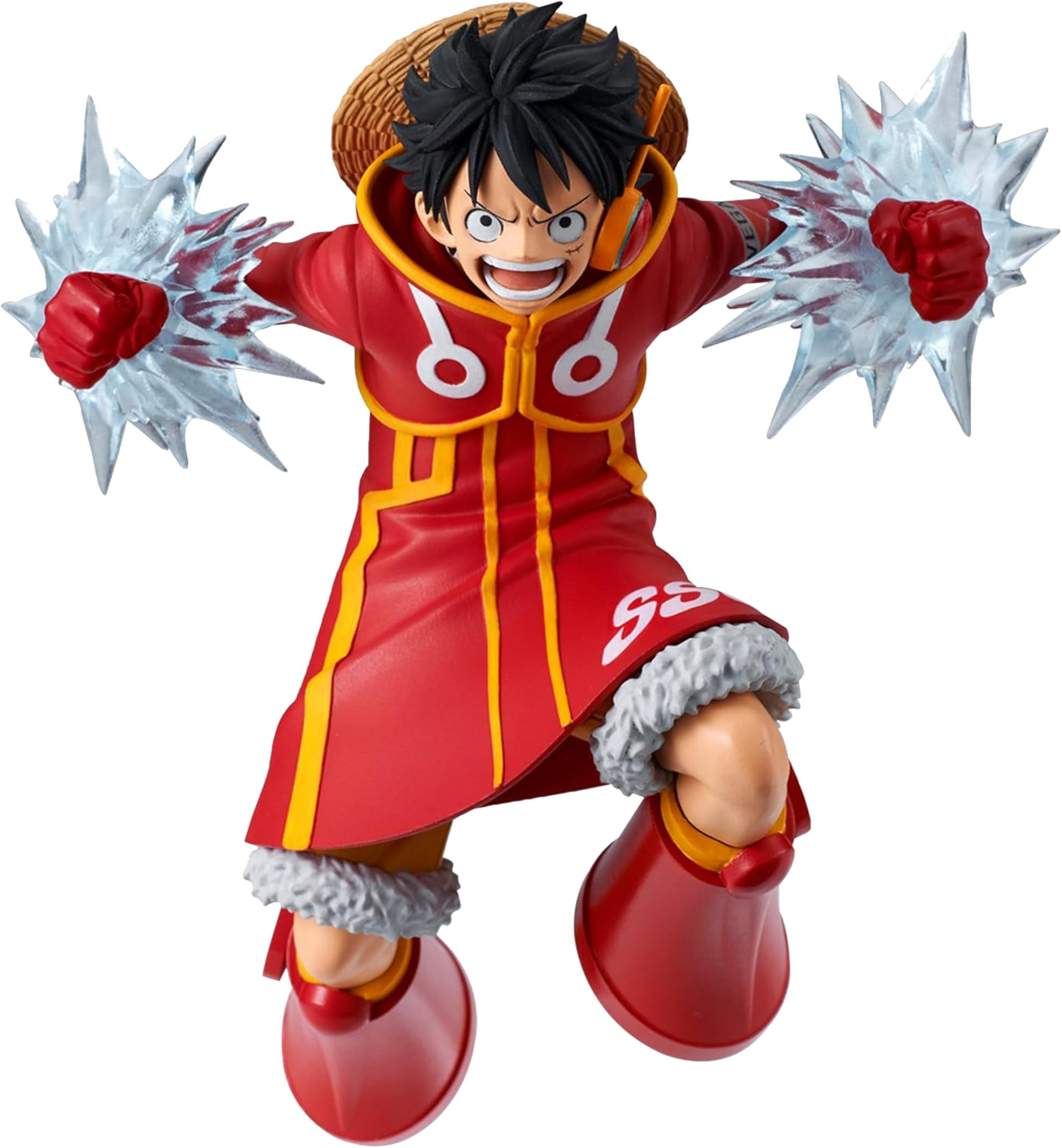 Figura de anime con abrigo rojo, cuello de pelo, sombrero de paja y ataques de hielo.