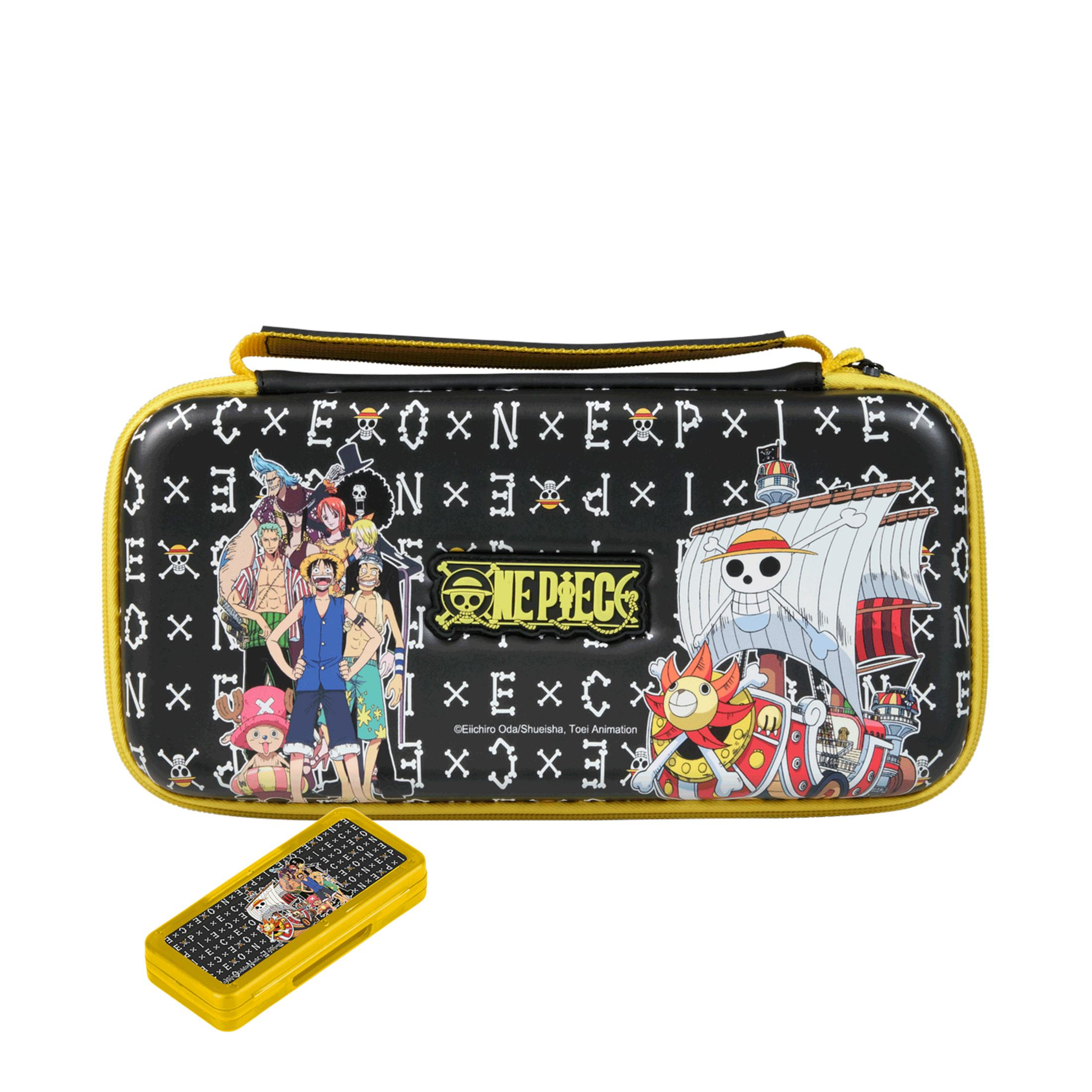 Custodia nera a tema One Piece con cerniera gialla. Piccola custodia gialla accanto.