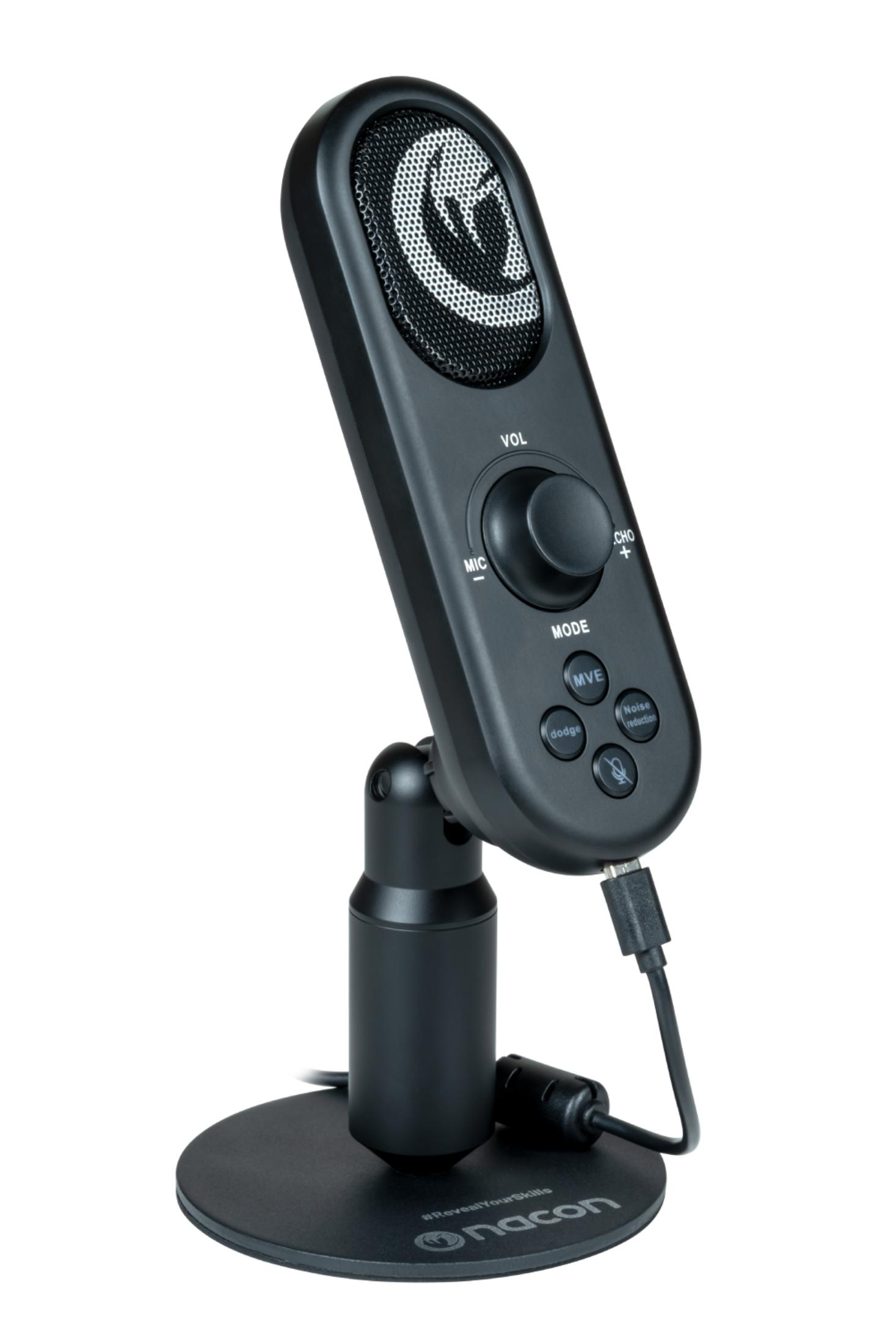 Un microfono da gaming Nacon nero su una base rotonda con pulsanti e manopola del volume.