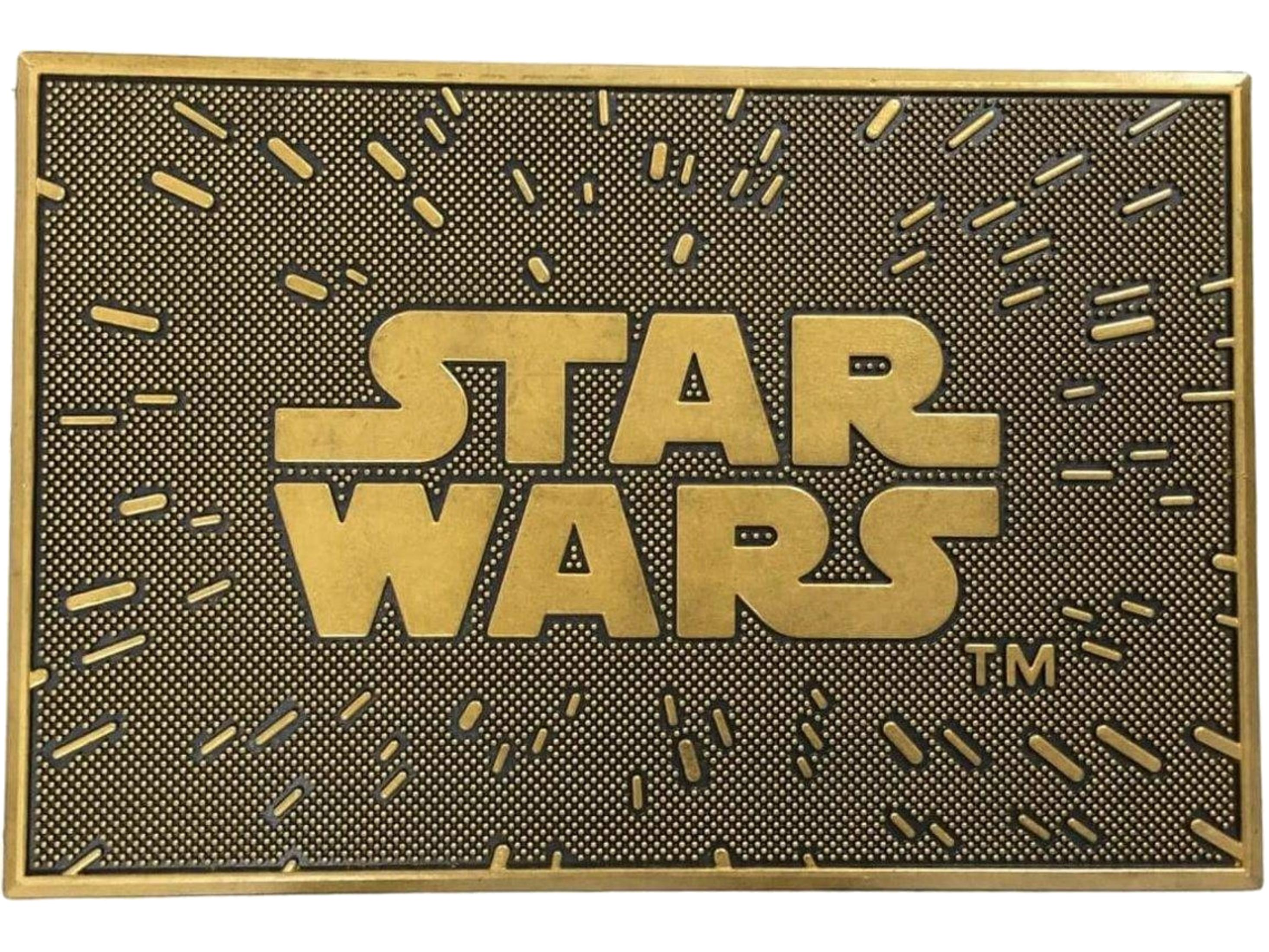 Goldene Star Wars-Aufschrift auf schwarzem Hintergrund mit Punkten und Strichen.