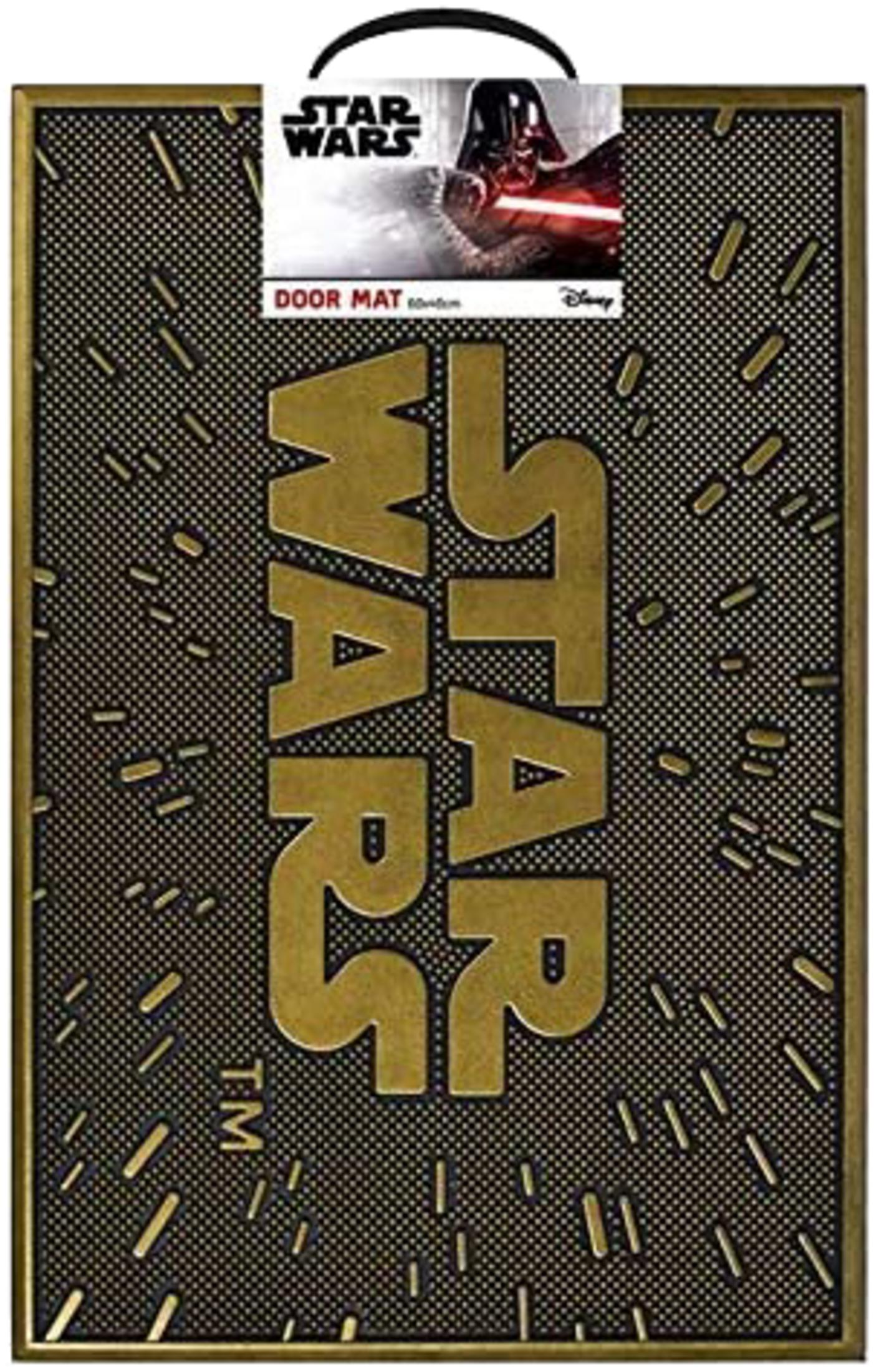 Goldenes Star Wars Logo und Darth Vader auf schwarzer, texturierter Fußmatte.