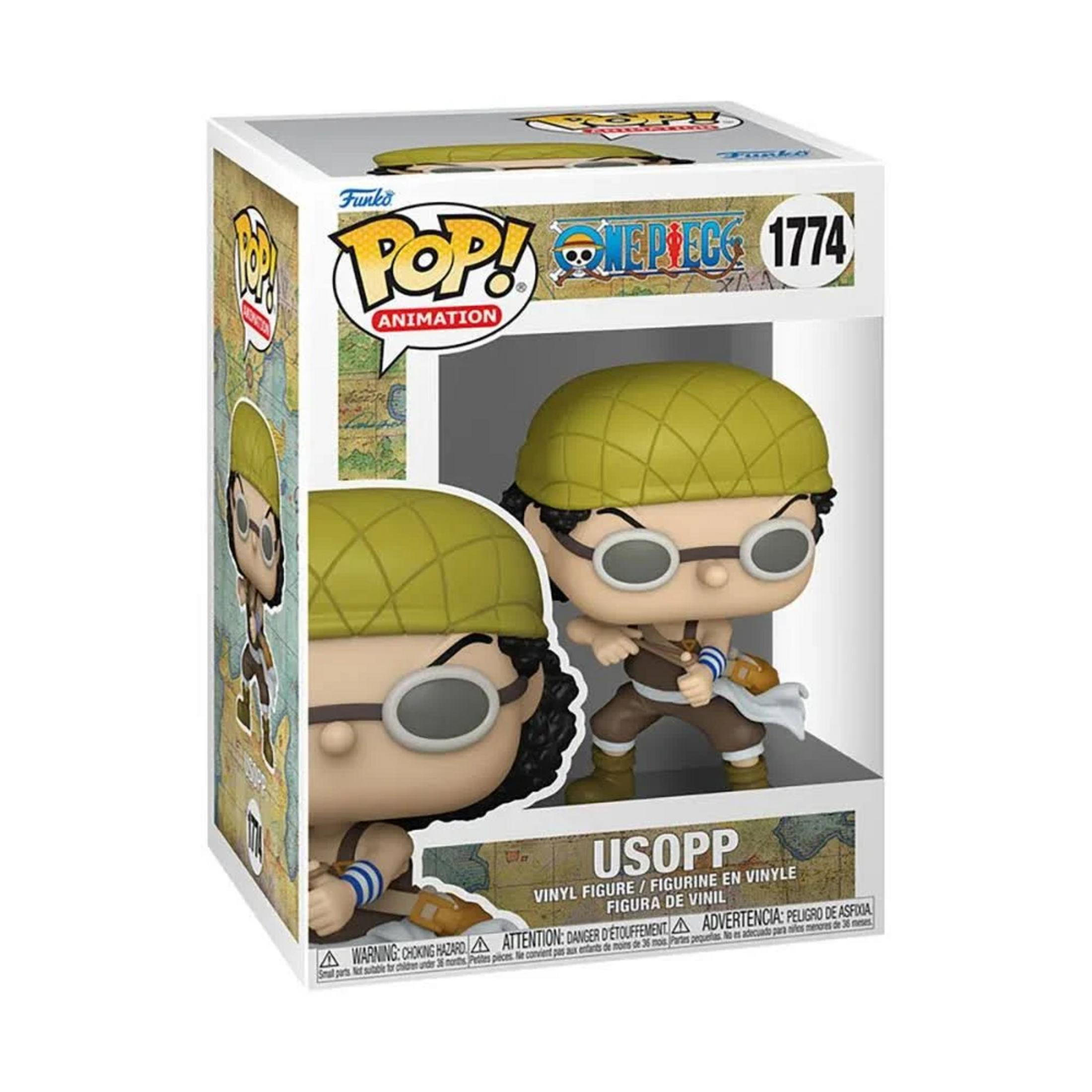 Una figure Funko Pop! in vinile di Usopp da One Piece, nella sua confezione.