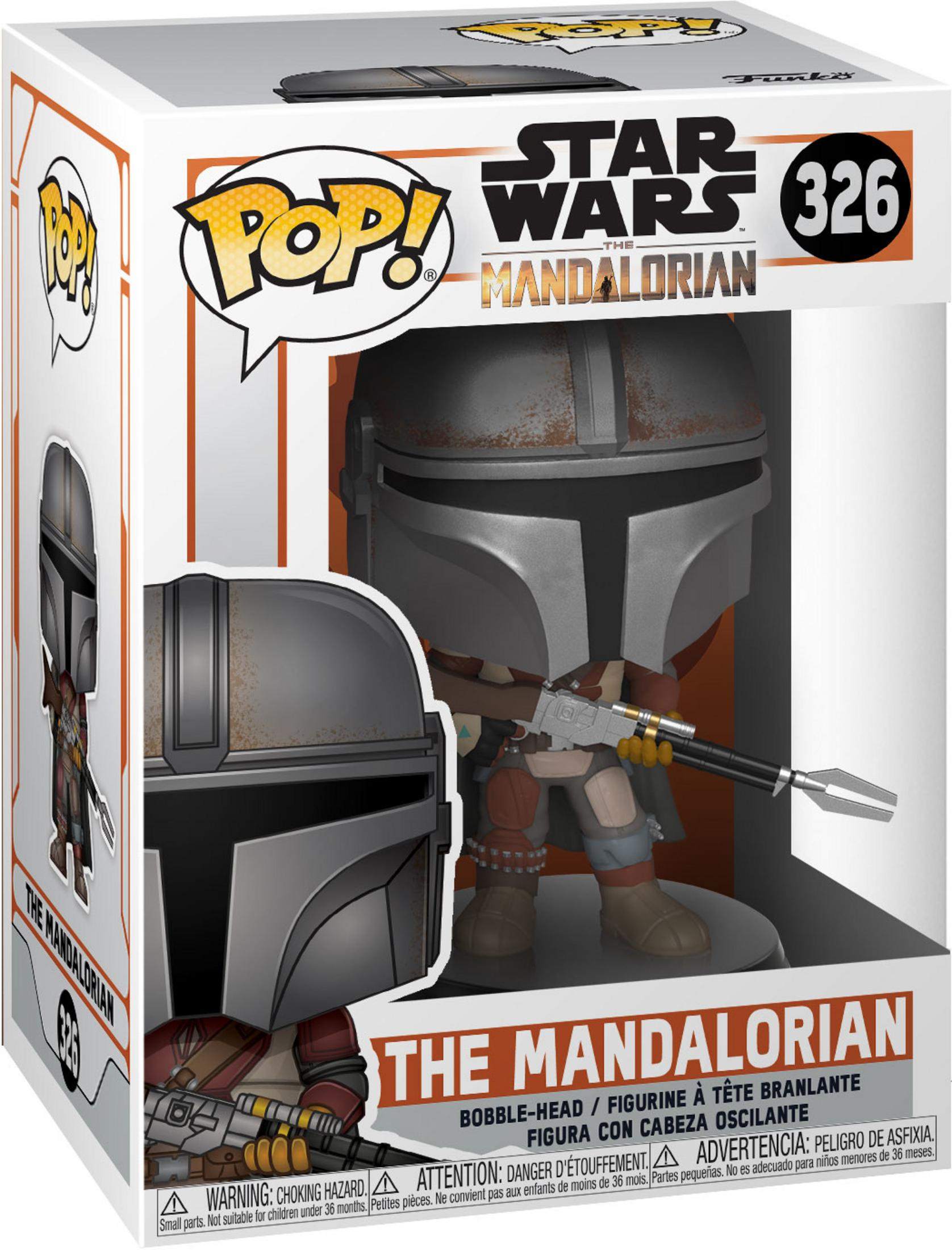 Action figure Funko Pop! del Mandaloriano con arma in scatola, Star Wars.