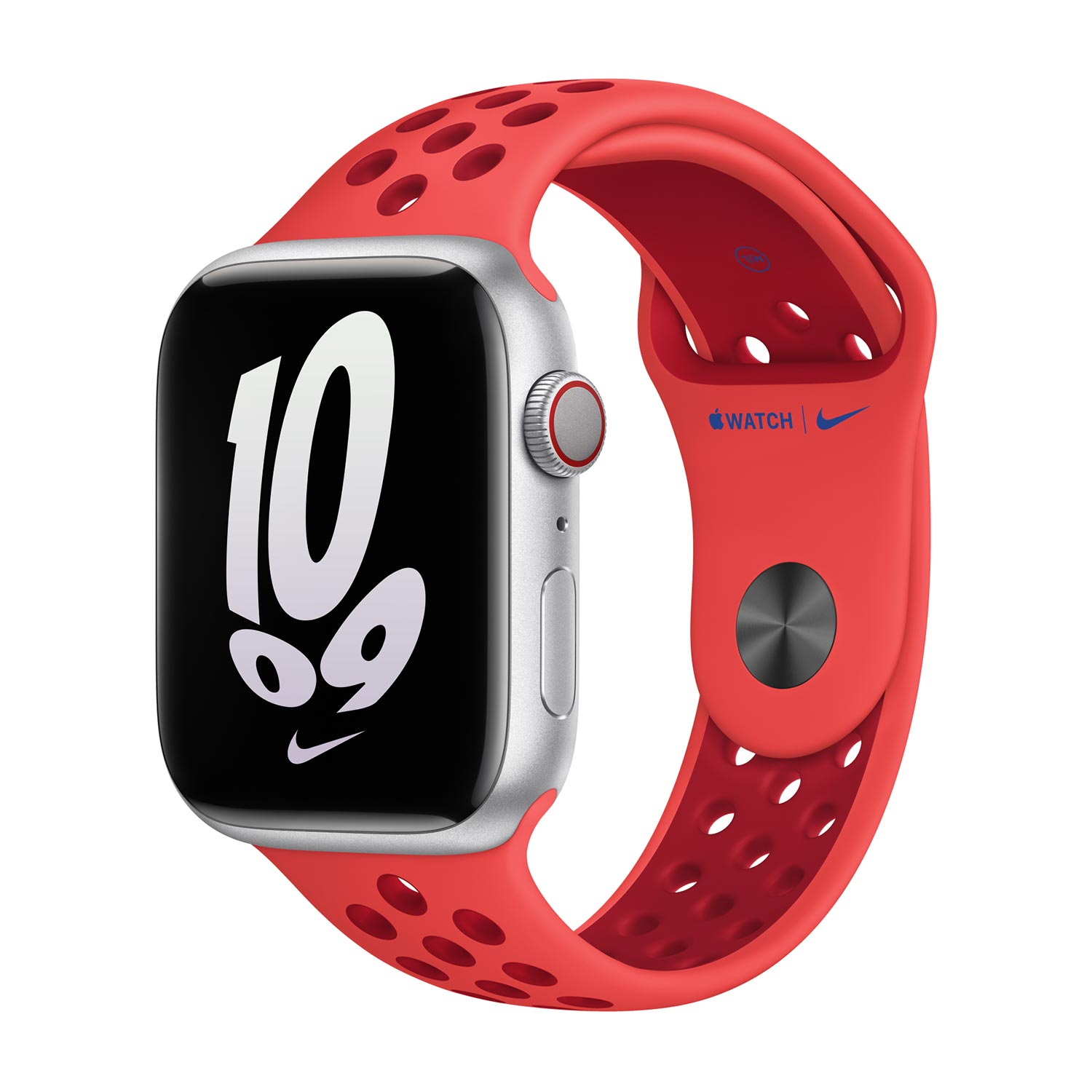 Silver Apple Watch with a red Nike band showing "10" on screen.