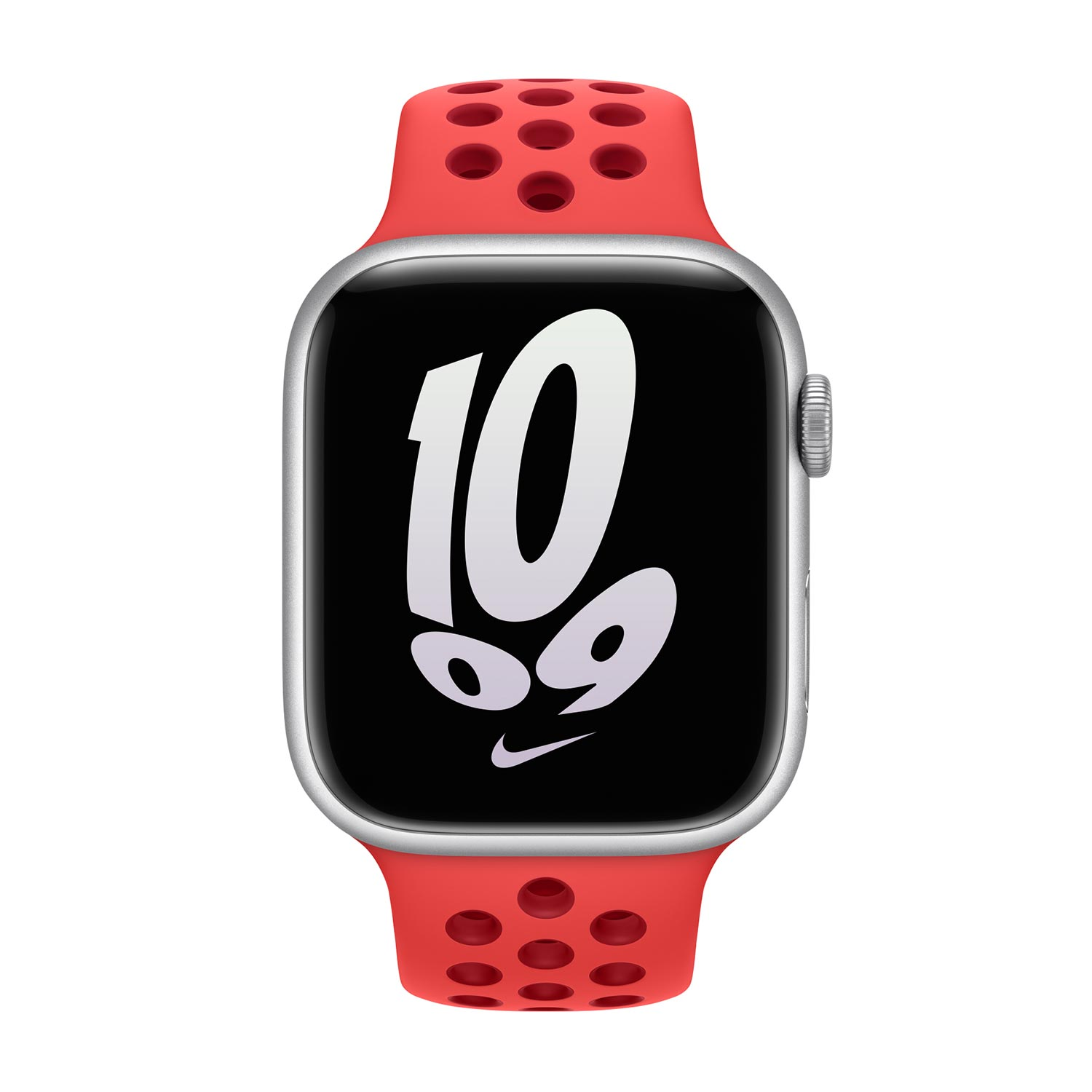 A red Apple Watch with a silver case showing the number 10 on its screen.