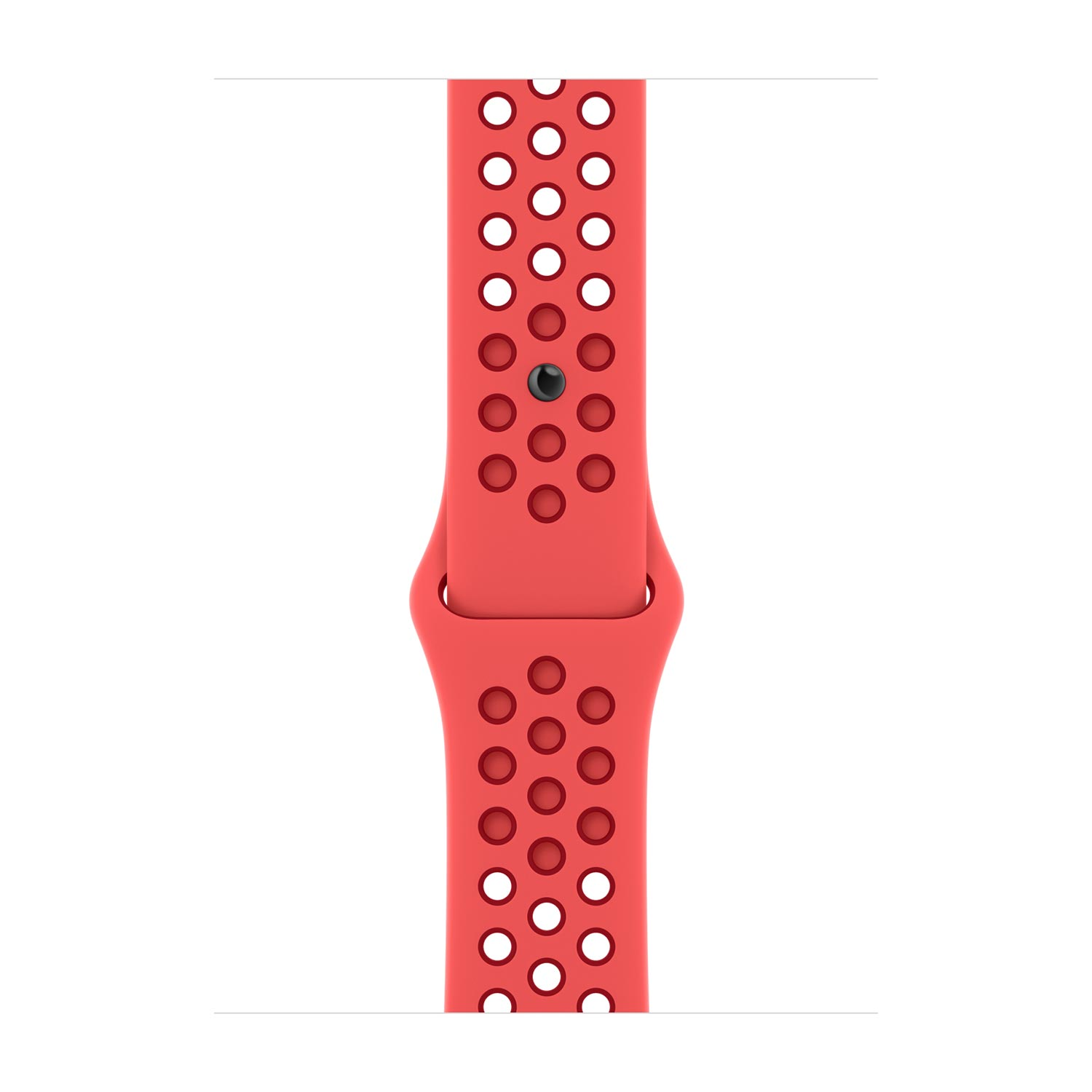 Red watch band with perforations and a black pin.