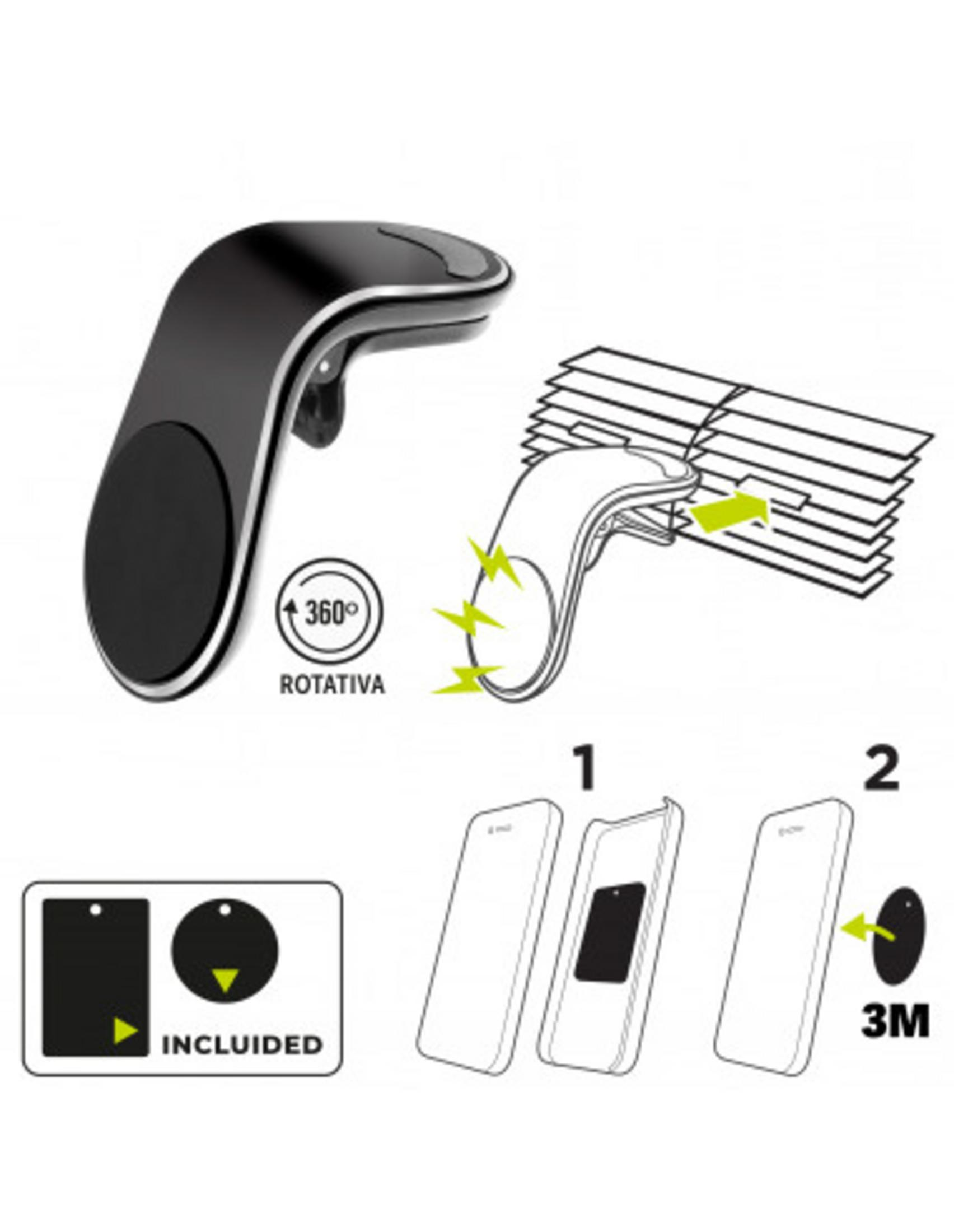 Soporte magnético negro para teléfono, giratorio 360°, con instrucciones.