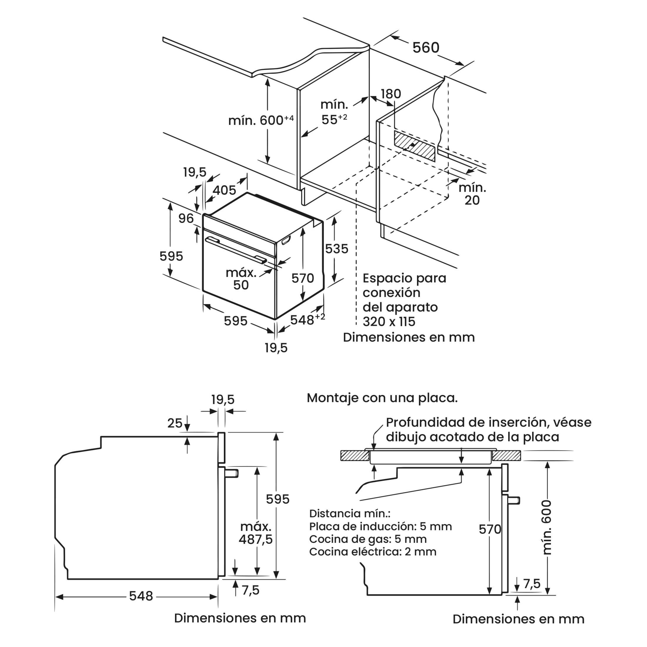 Dibujo técnico de un electrodoméstico empotrable con medidas en mm.