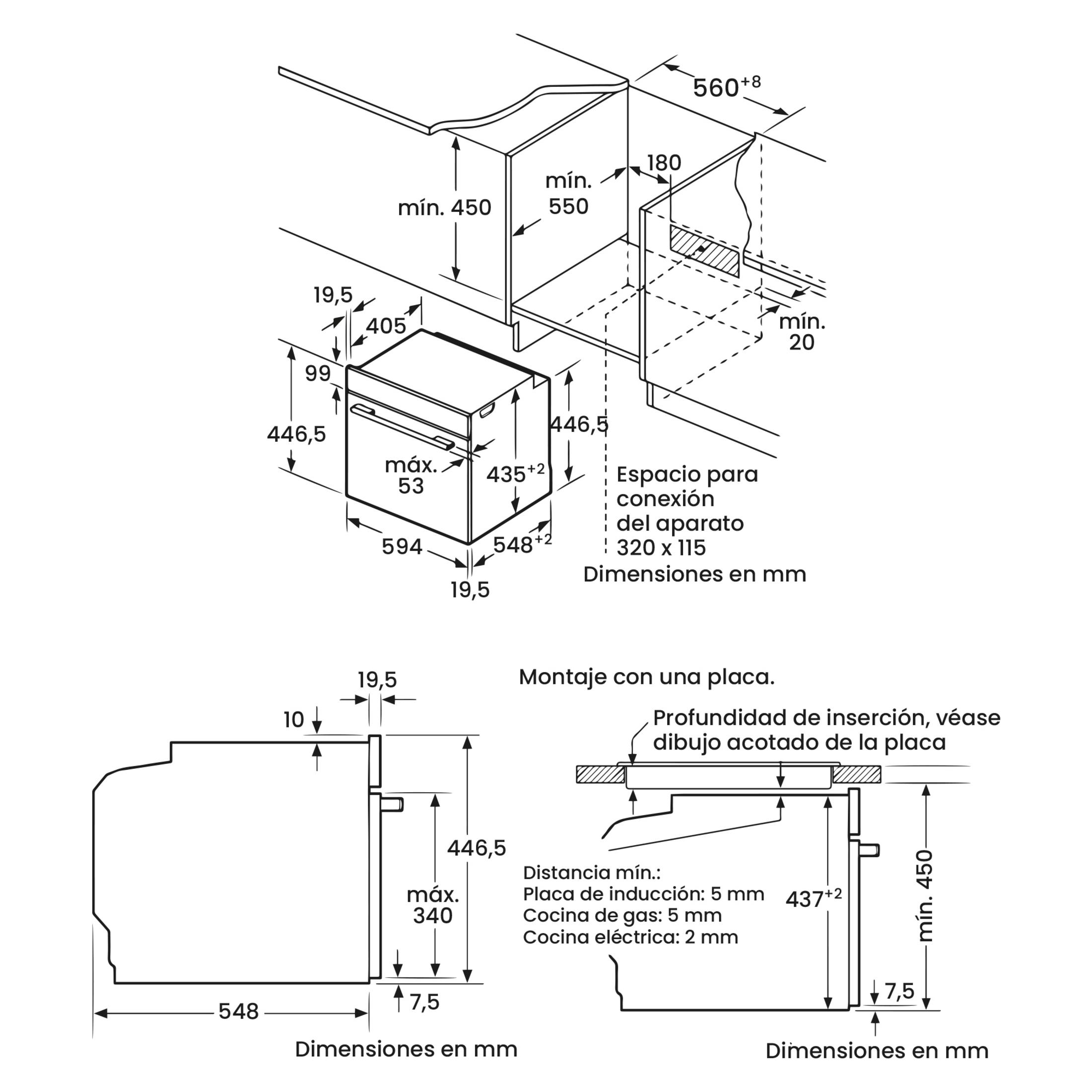 Dibujo técnico de un electrodoméstico empotrado con dimensiones en mm y notas de instalación.