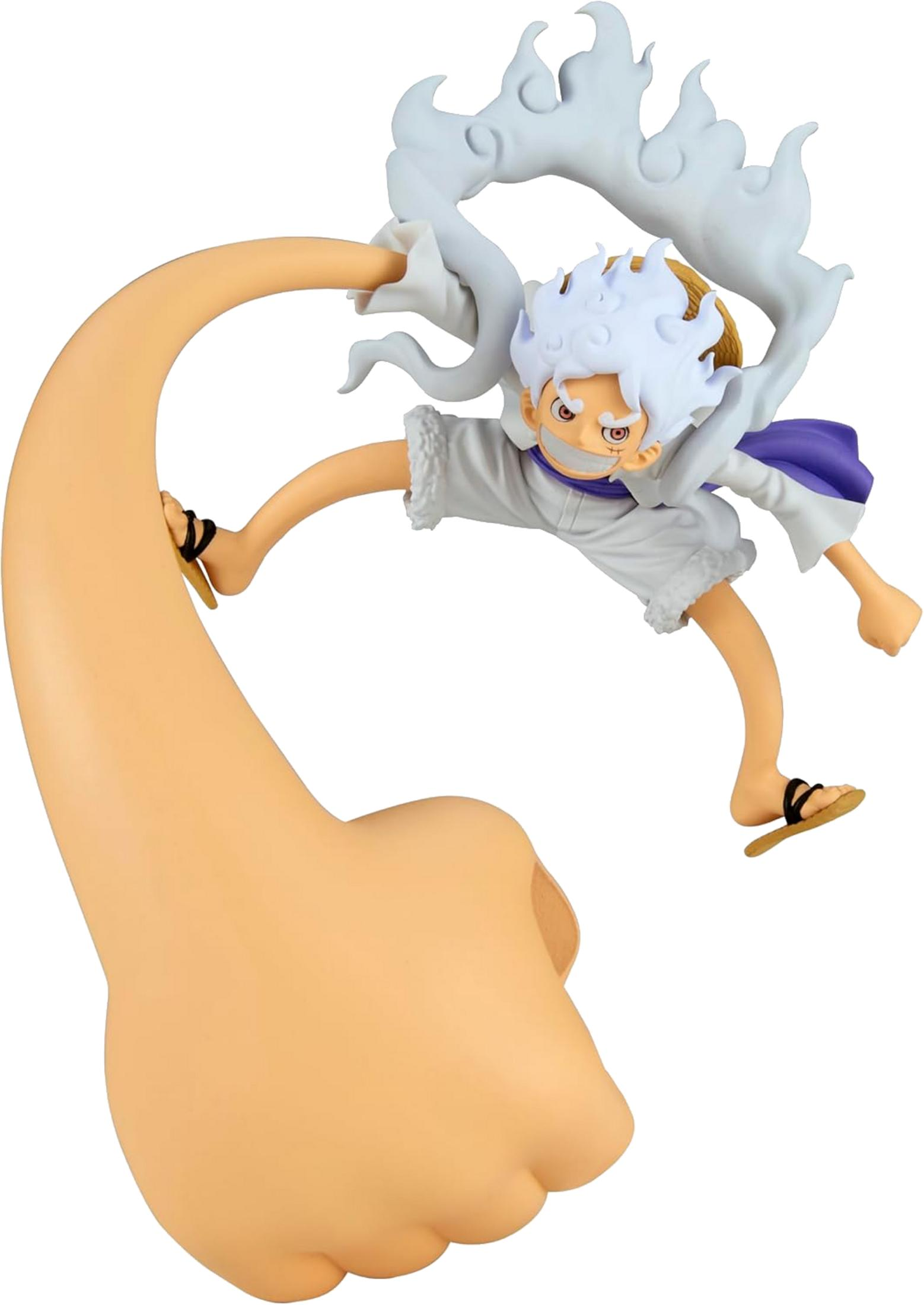 Una figura de anime con pelo blanco y llamas alrededor de la cabeza, agarrándose a una mano gigante.