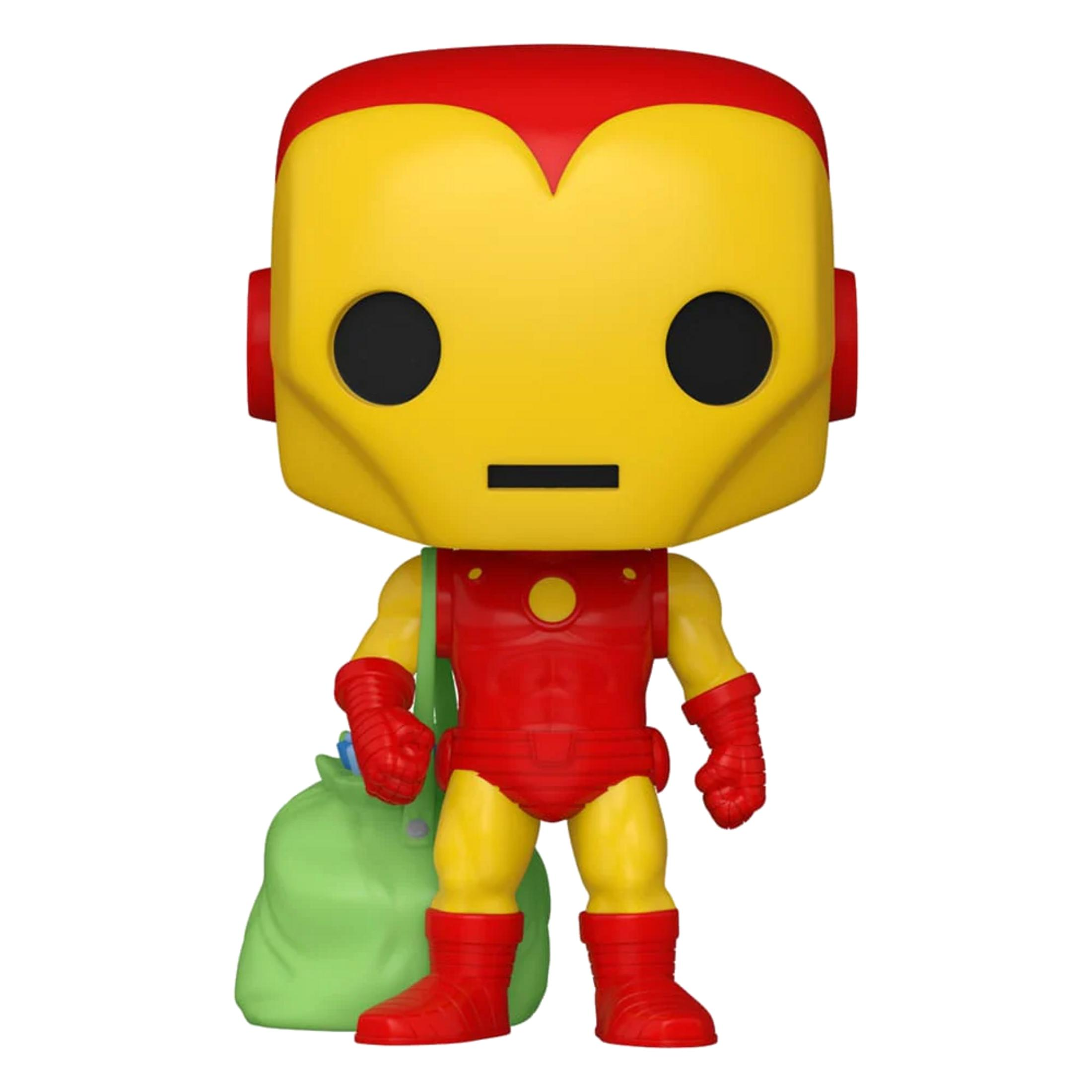 Una figura roja y amarilla de Iron Man con una bolsa verde.
