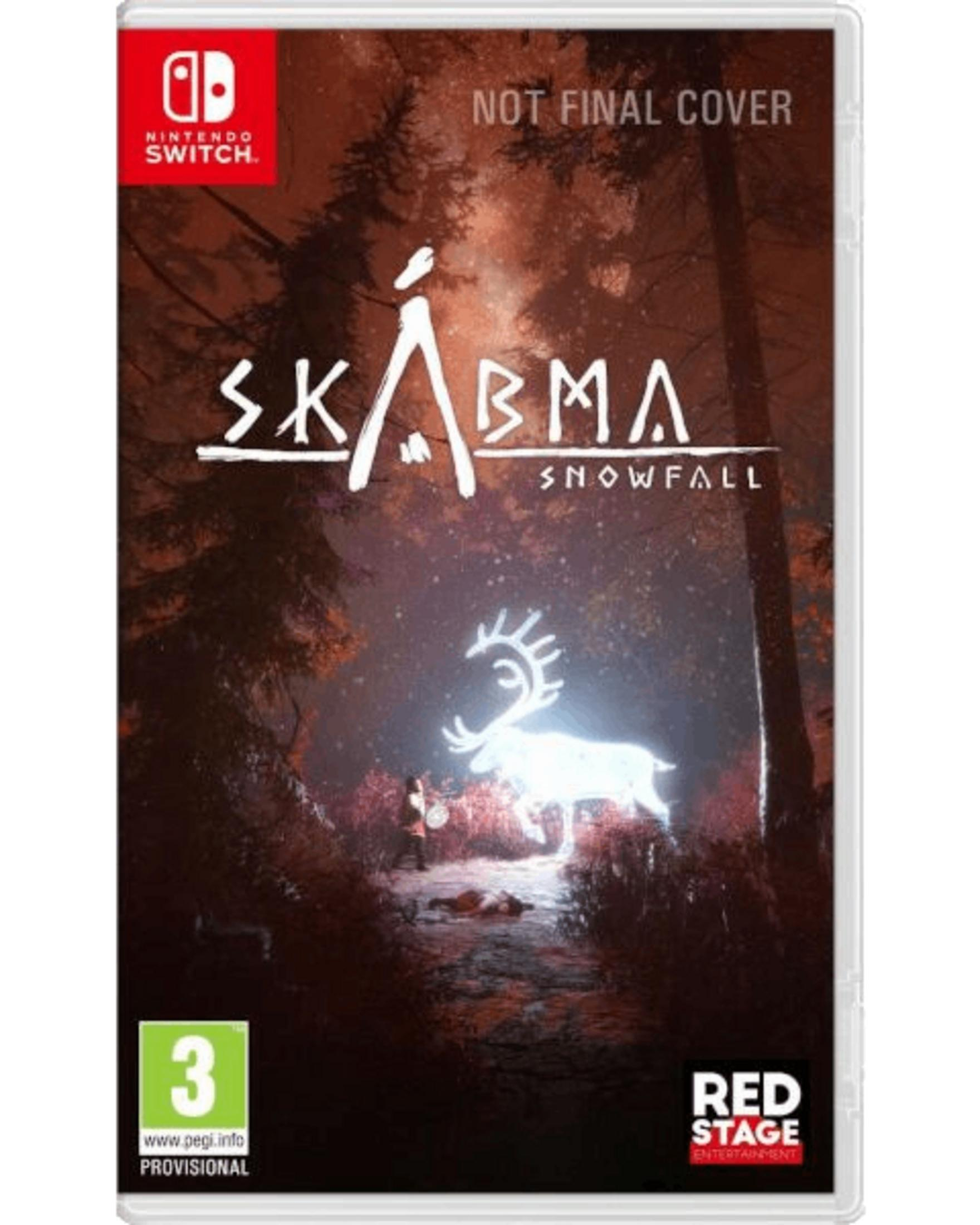 Copertina gioco Nintendo Switch: Skarma Snowfall. Un cervo luminoso in una foresta con una persona.