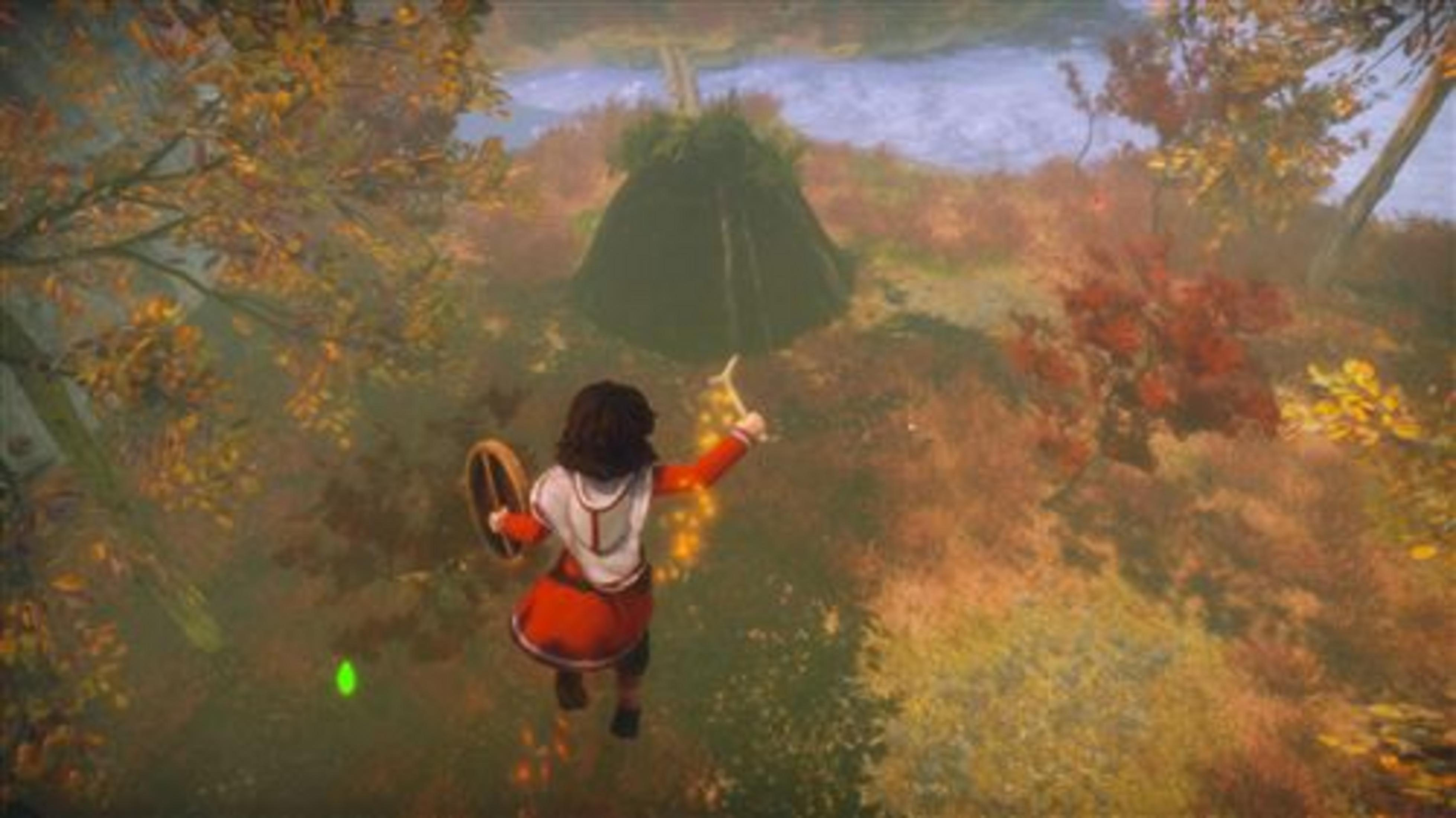 Una figura con scudo e lancia si erge davanti a un teepee in un bosco autunnale.