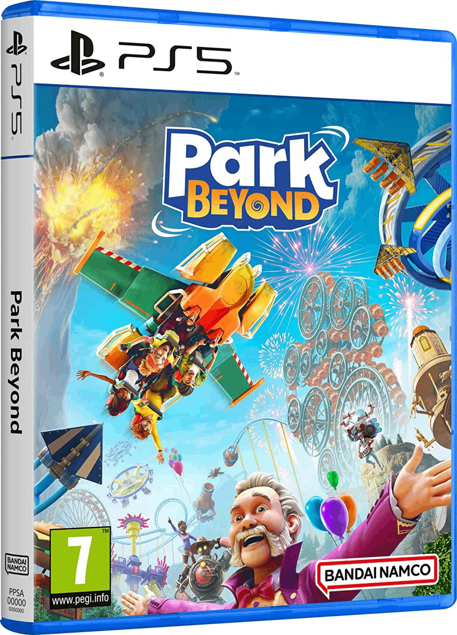 Copertina gioco PS5 Park Beyond con montagne russe, fuochi d'artificio e personaggi.