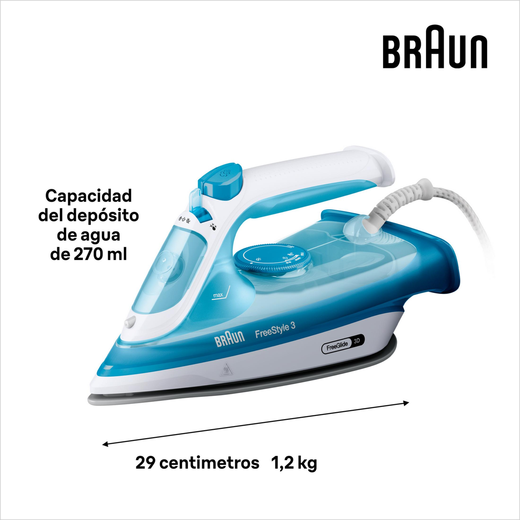 A blue and white Braun FreeStyle 3 iron with a 270ml water tank.