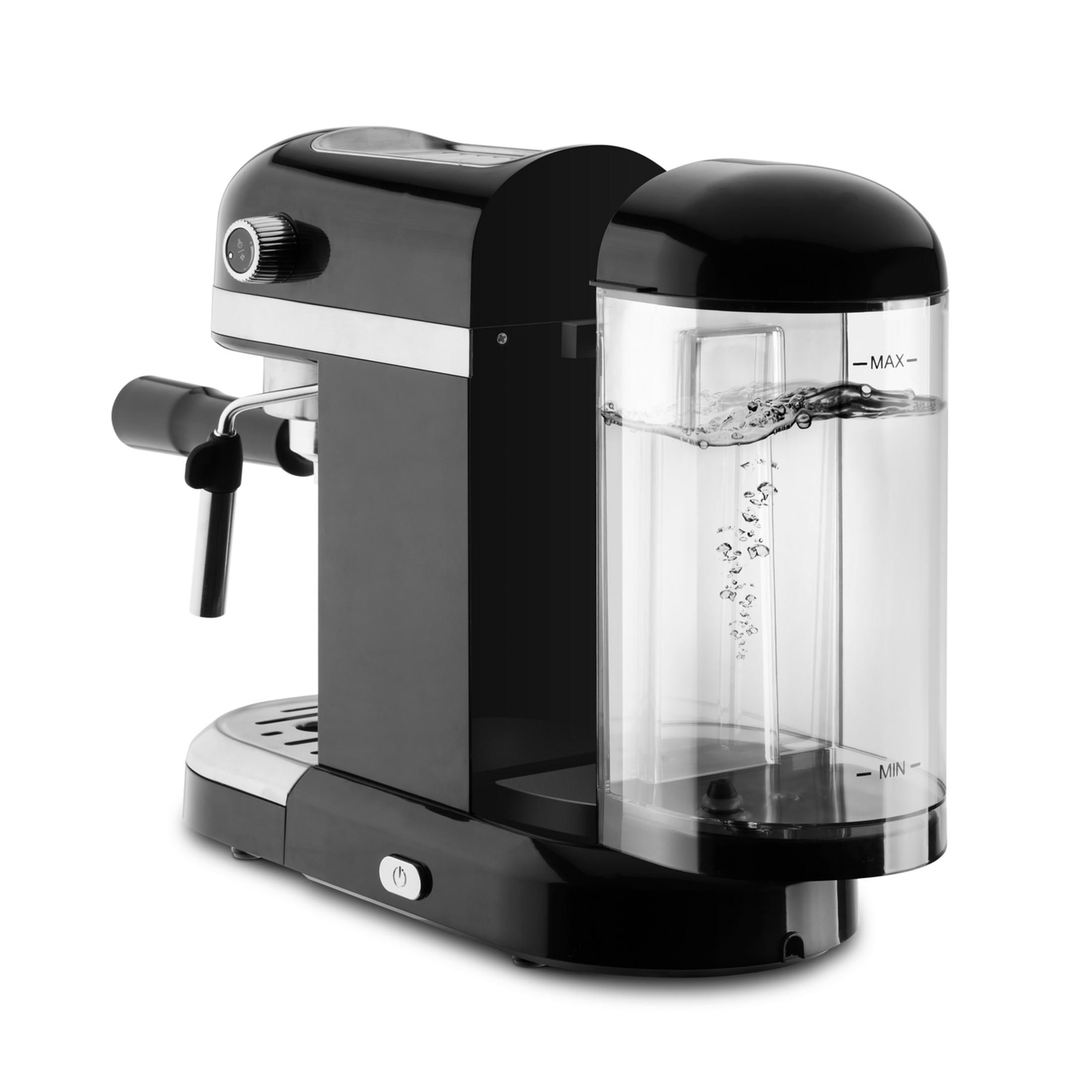 Macchina da espresso nera con serbatoio dell'acqua trasparente, su sfondo bianco.
